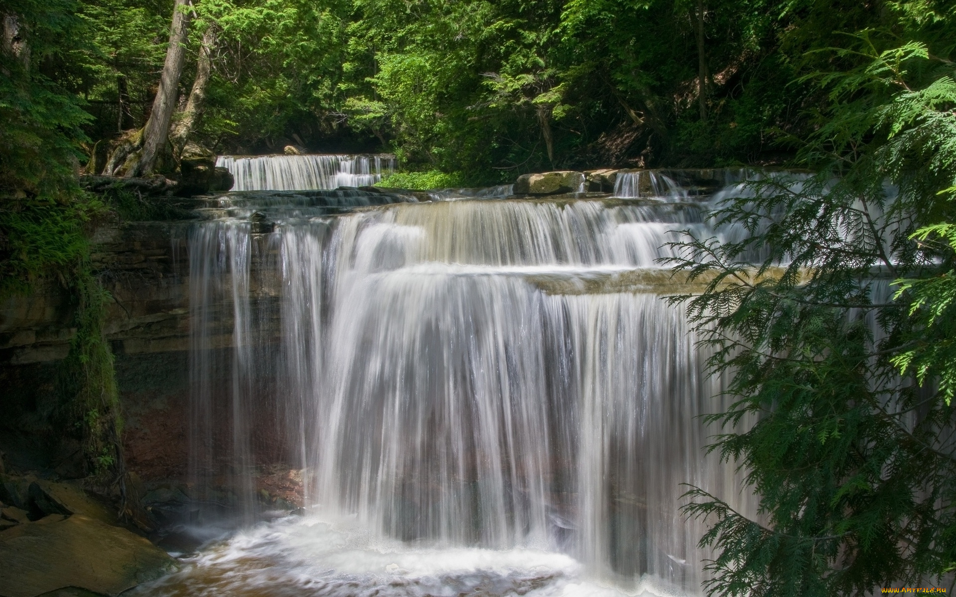 природа, водопады, скала, лес, поток