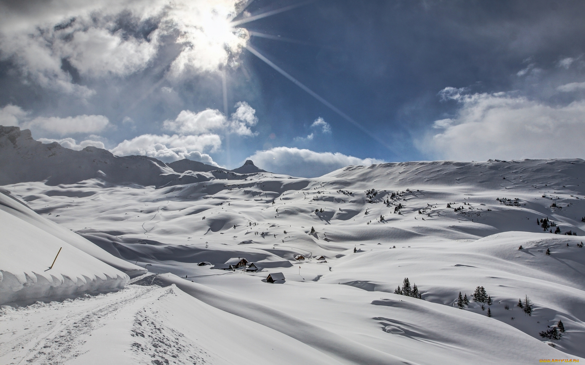 природа, зима, горы, облака, снег