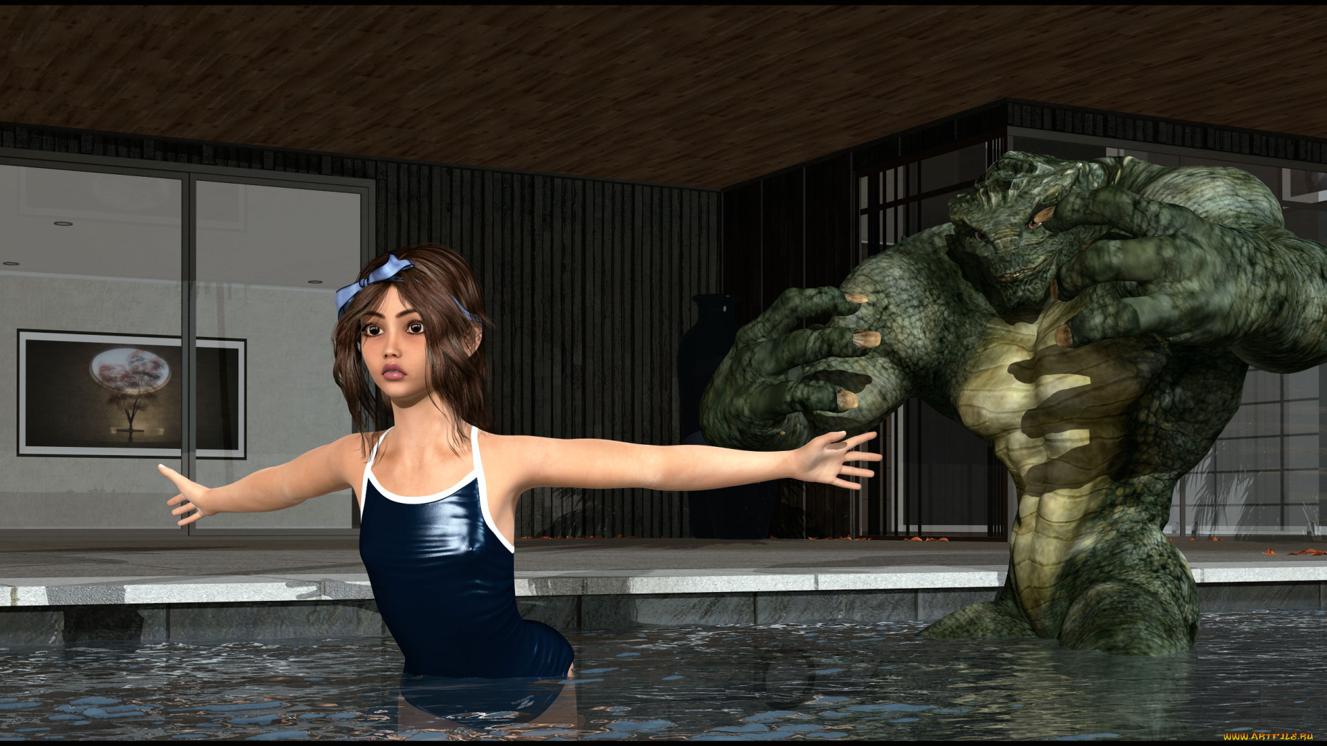 3д, графика, фантазия, , fantasy, девушка, взгляд, фон, бассейн, существо