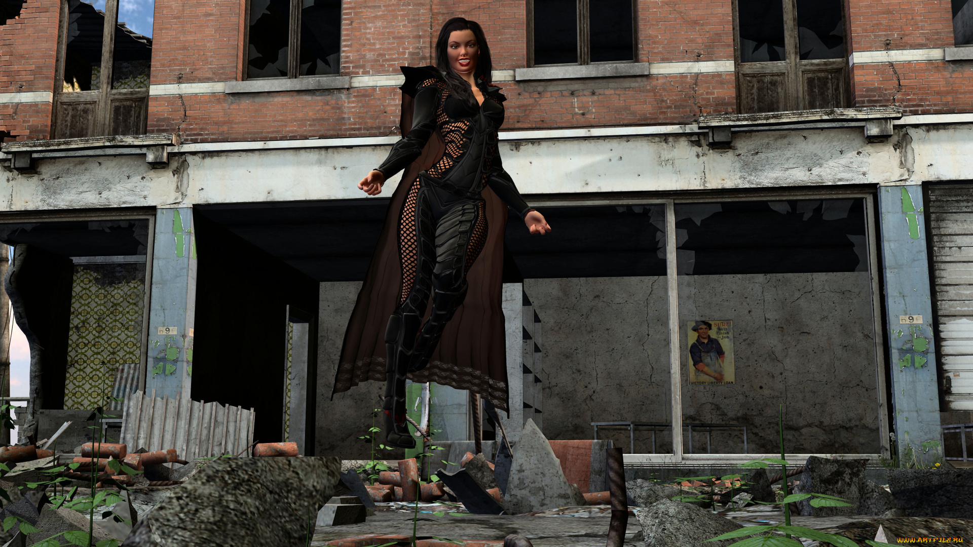 3д, графика, фантазия, , fantasy, девушка, взгляд, фон, руины