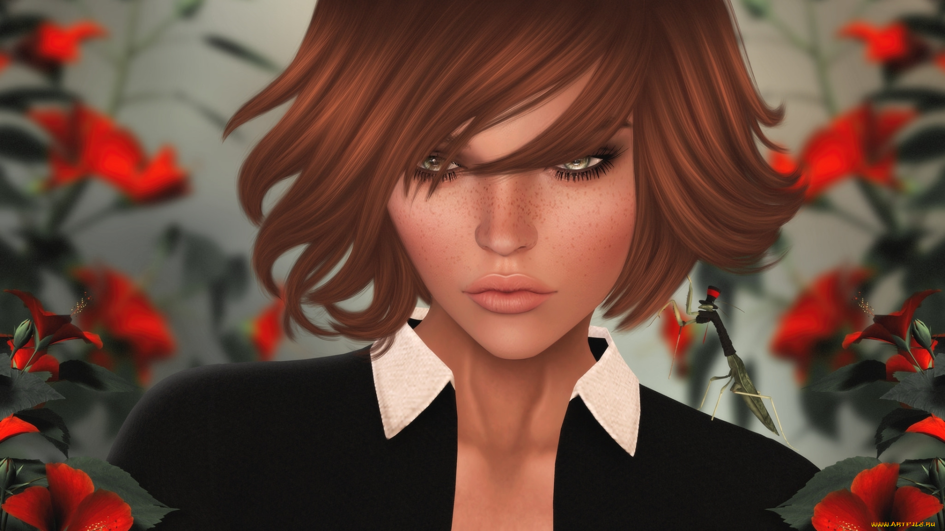 3д, графика, портрет, , portraits, девушка, портрет, цветы, богомол, рыжая, веснушки