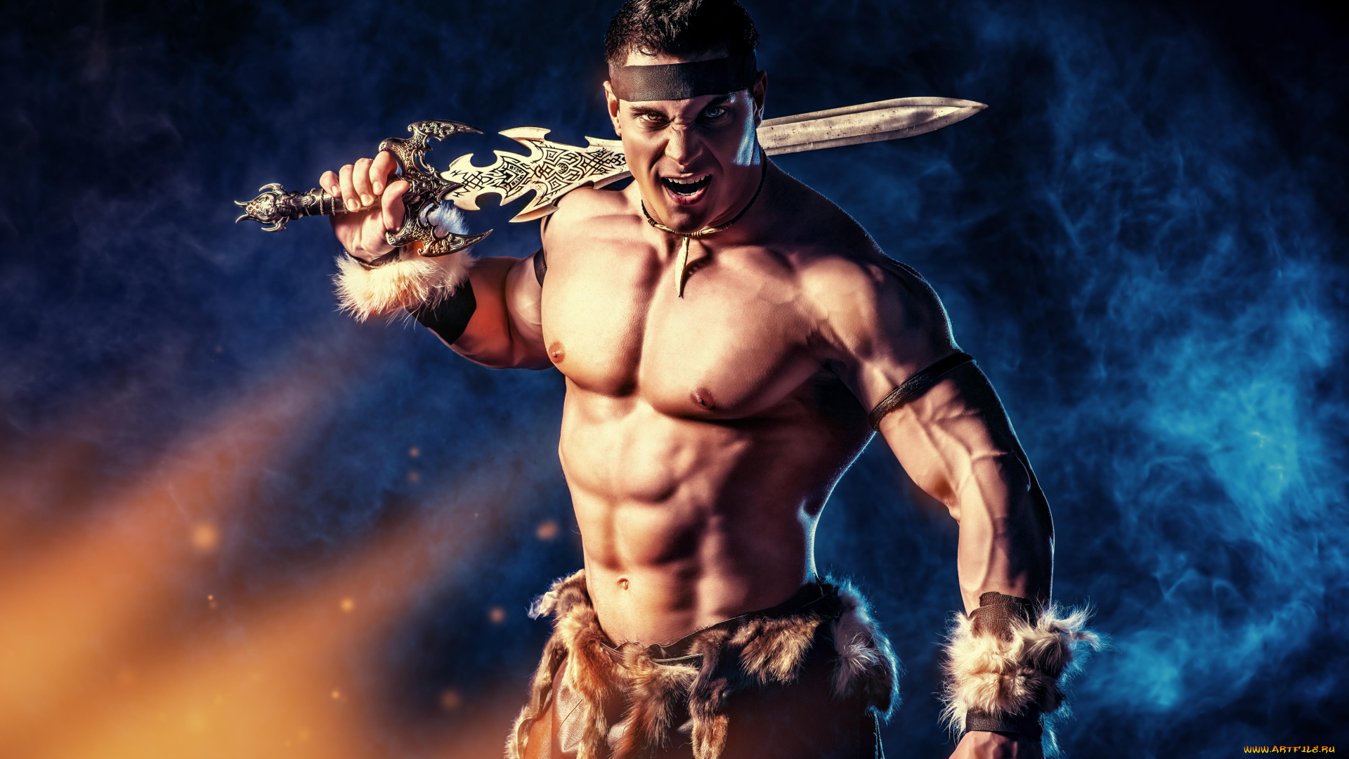 фэнтези, фотоарт, воин, крик, варвар, меч, мех, дым, свет