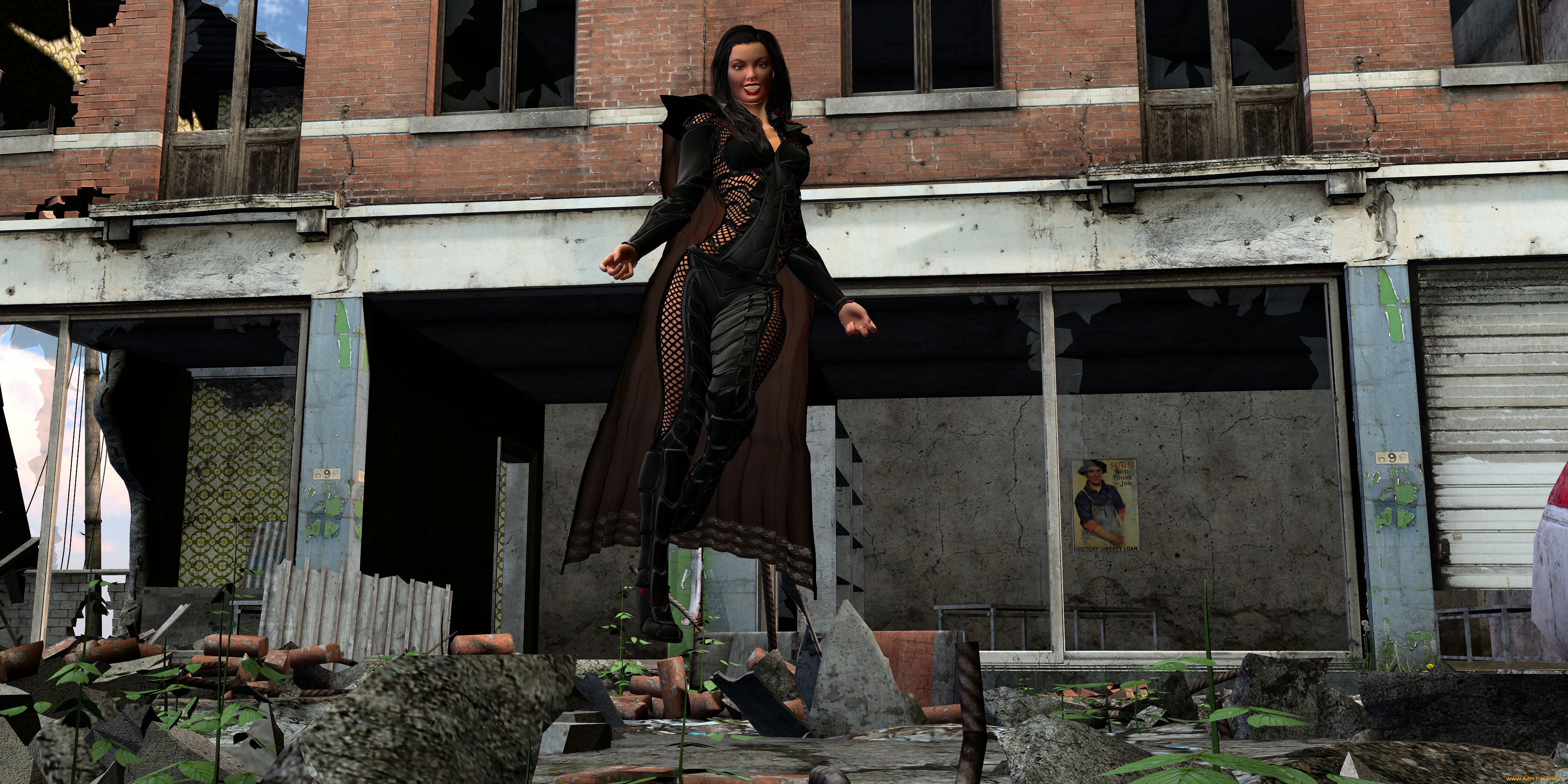 3д, графика, фантазия, , fantasy, девушка, взгляд, фон, руины