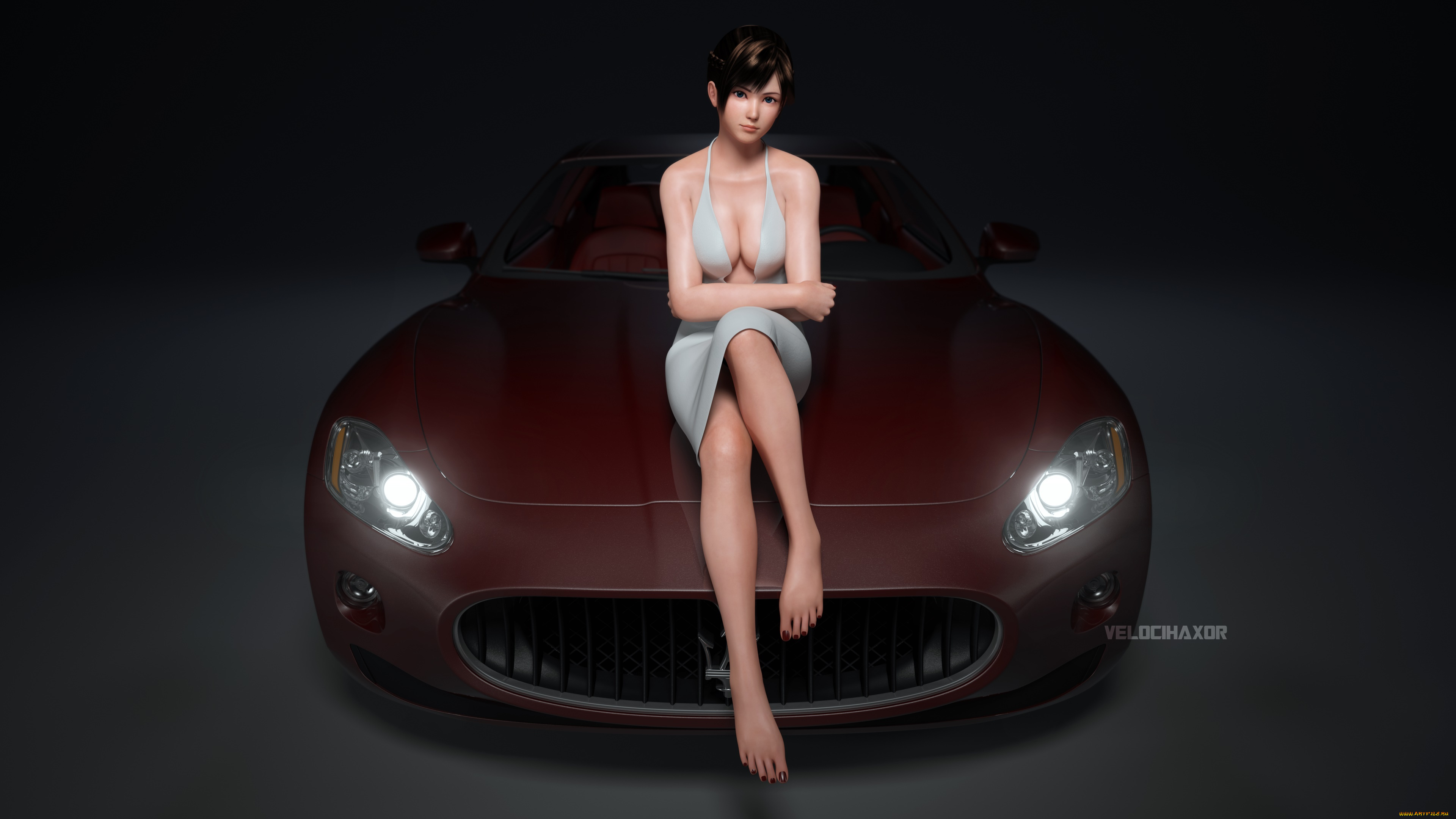 автомобили, 3d, car&girl, фон, взгляд, девушка, автомобиль