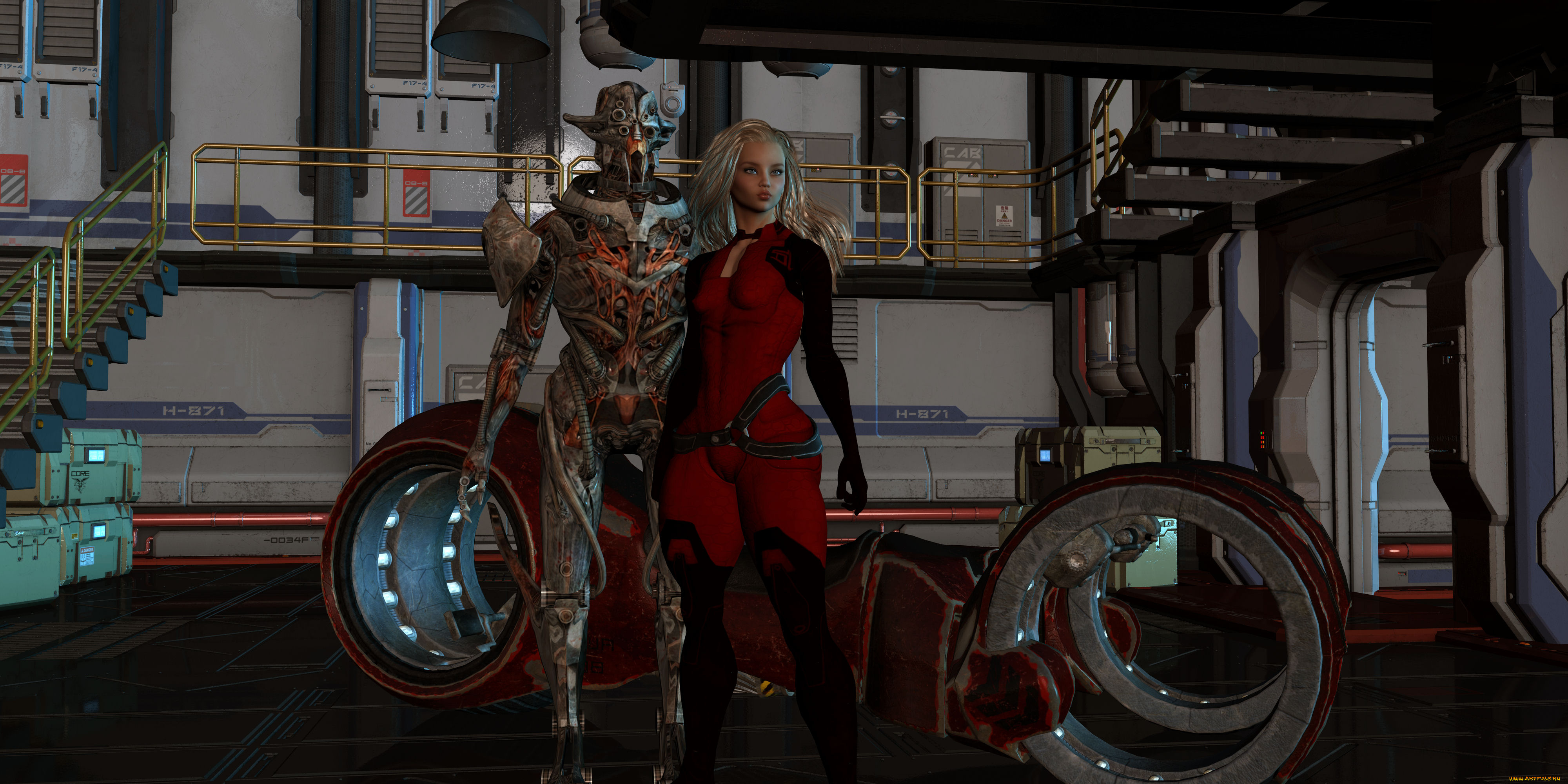 3д, графика, фантазия, , fantasy, девушка, взгляд, фон, робот