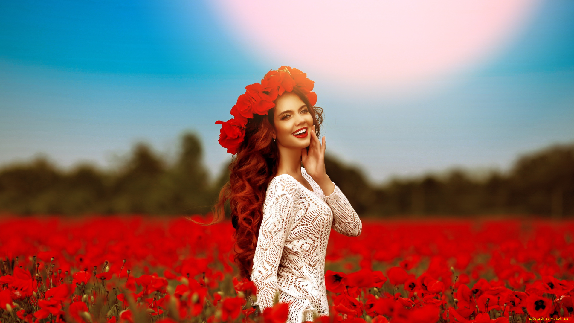 девушки, -unsort, , брюнетки, , шатенки, настроение, поле, девушка, маки, цветы, боке, венок