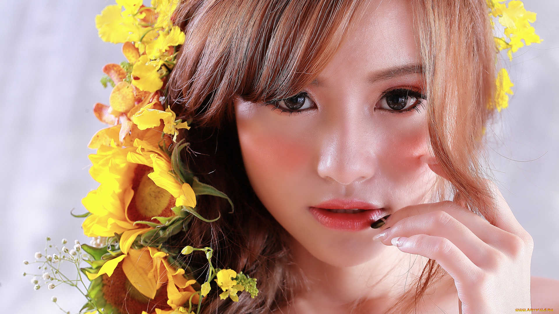 девушки, -unsort, , лица, , портреты, азиатка, волосы, макияж, взгляд, цветы, красотка, лицо