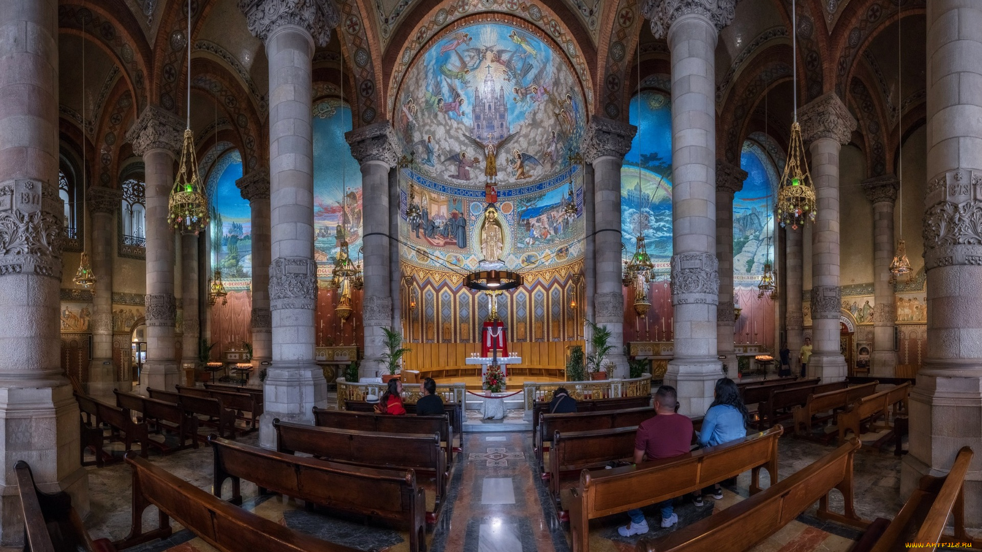 интерьер, убранство, , роспись, храма, колонна, храм, святого, сердца, религия, скамья, архитектура, испания, крипта, барселона