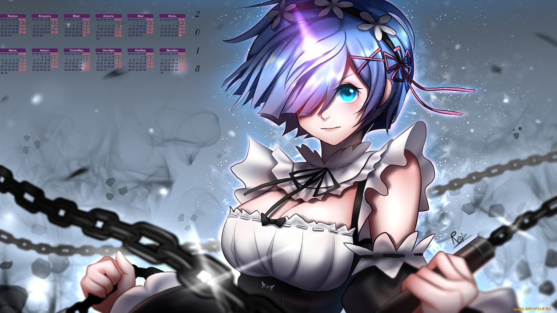 календари, аниме, женщина, цветок, цепь, взгляд