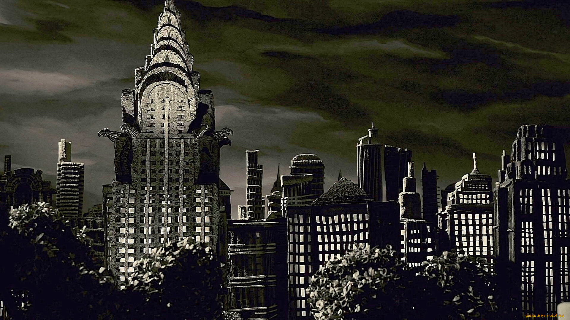 рисованное, города, деревья, ночь, здание