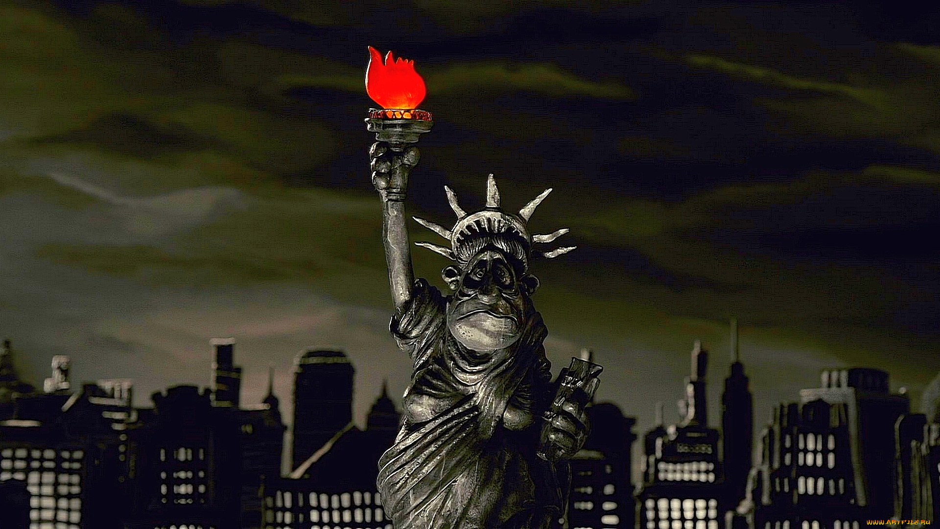 рисованное, города, ночь, скульптура, факел, здания