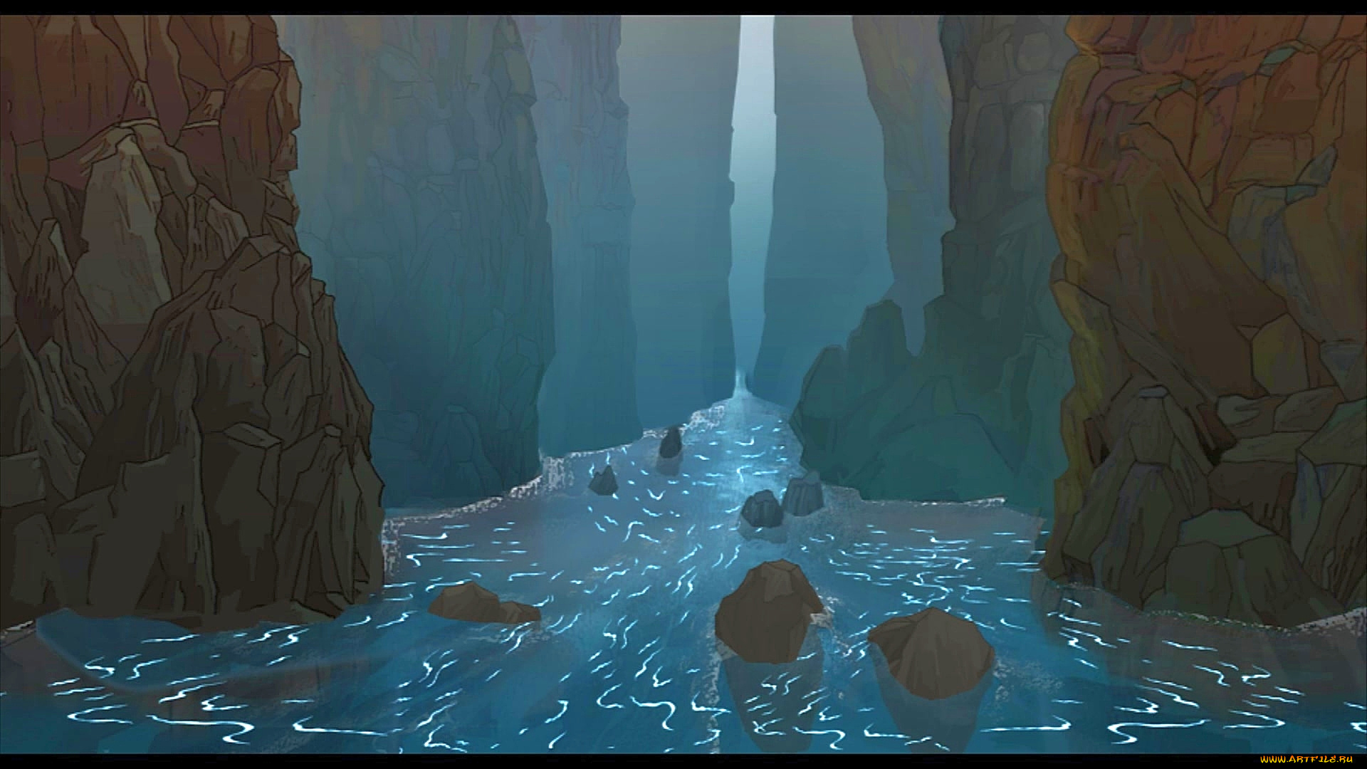 рисованное, природа, камни, водоем, течение, скала