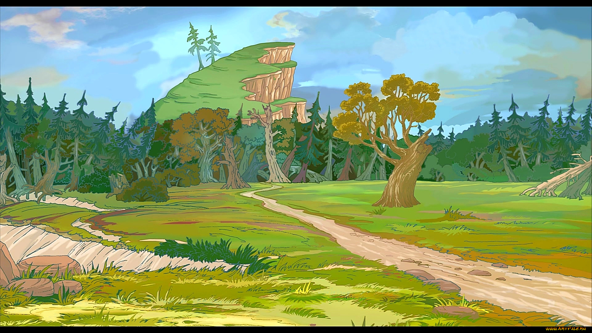 рисованное, природа, растения, холм, деревья, дорога