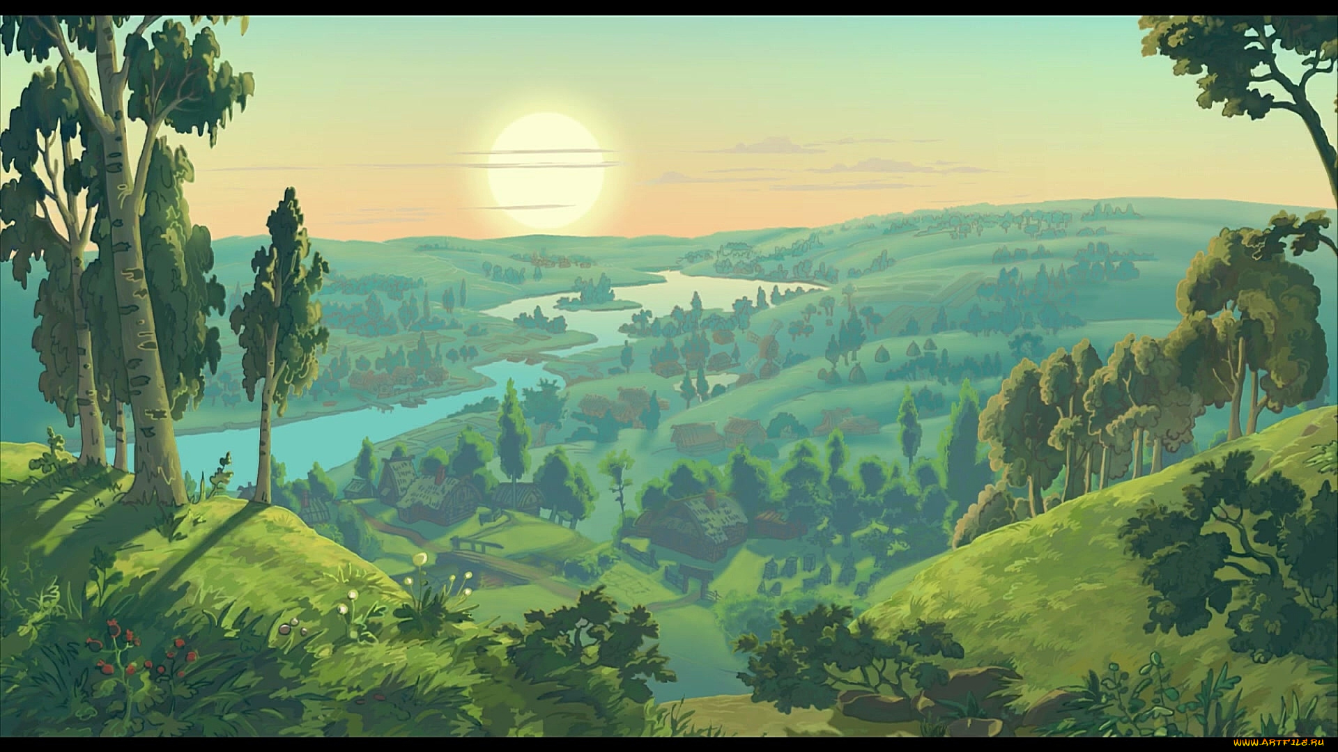 рисованное, природа, растения, водоем, солнце, деревья