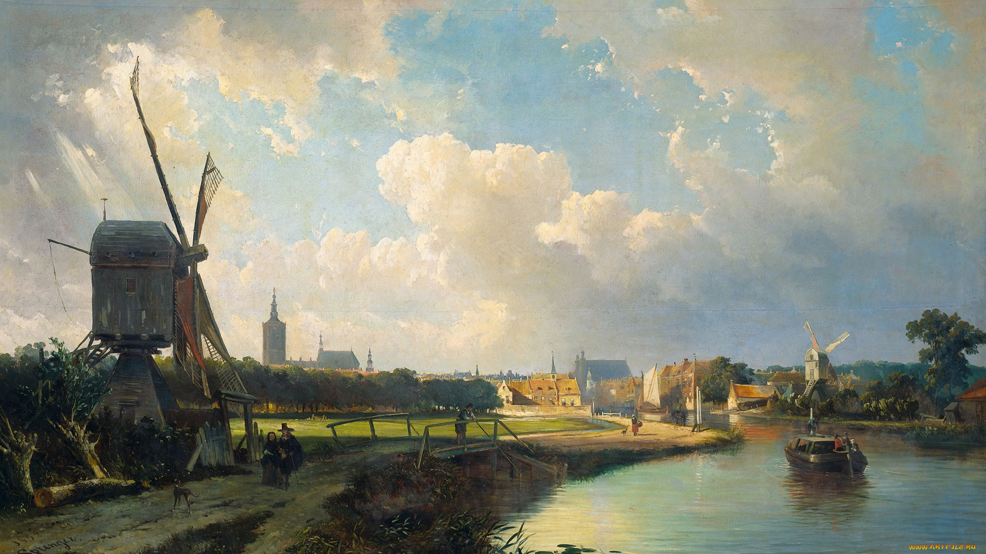 рисованное, живопись, картина, масло, ветряная, мельница, каспар, карсен, вид, на, гаагу, от, делфта, пейзаж