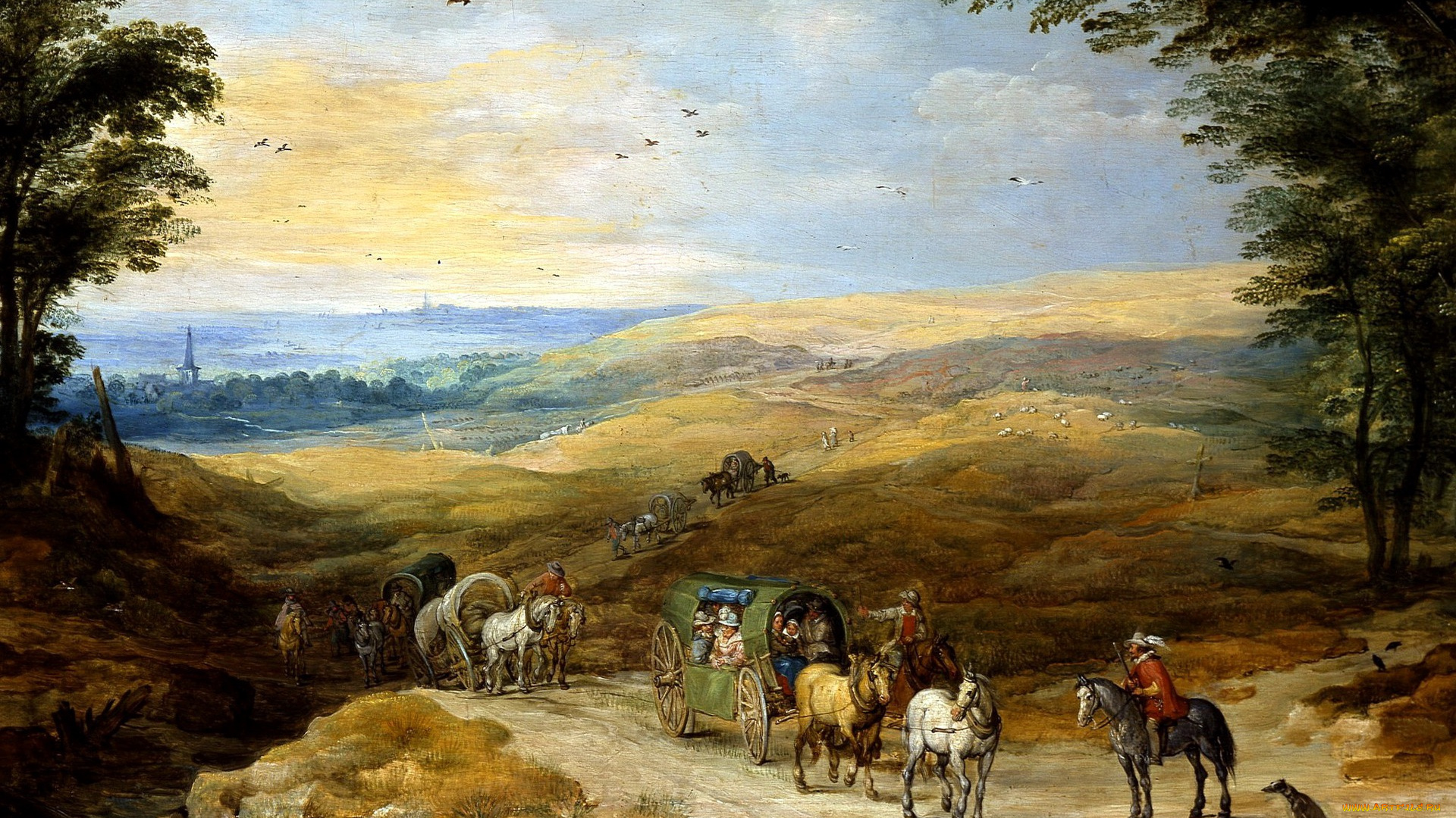 рисованное, живопись, картина, повозка, всадник, Ян, брейгель, старший, пейзаж, с, путниками