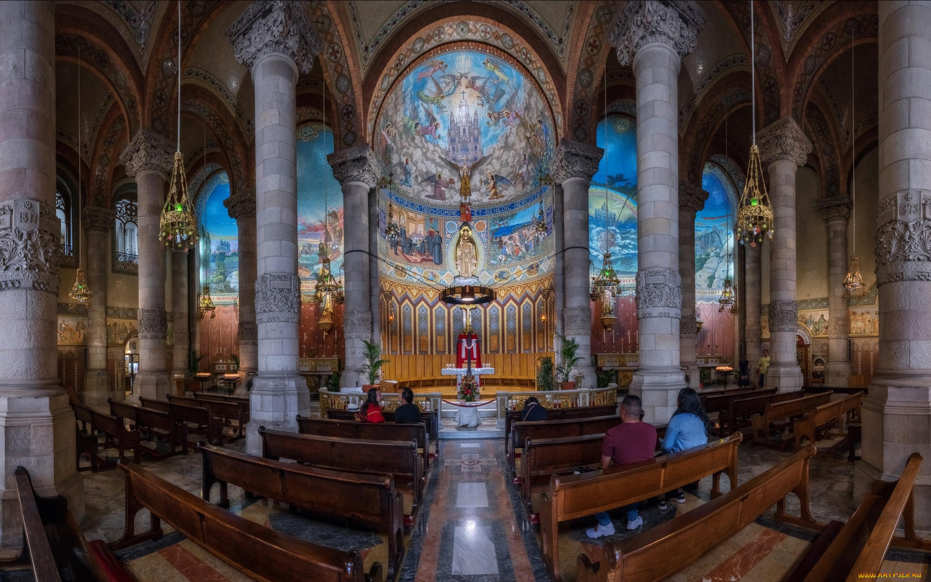 интерьер, убранство, , роспись, храма, колонна, храм, святого, сердца, религия, скамья, архитектура, испания, крипта, барселона