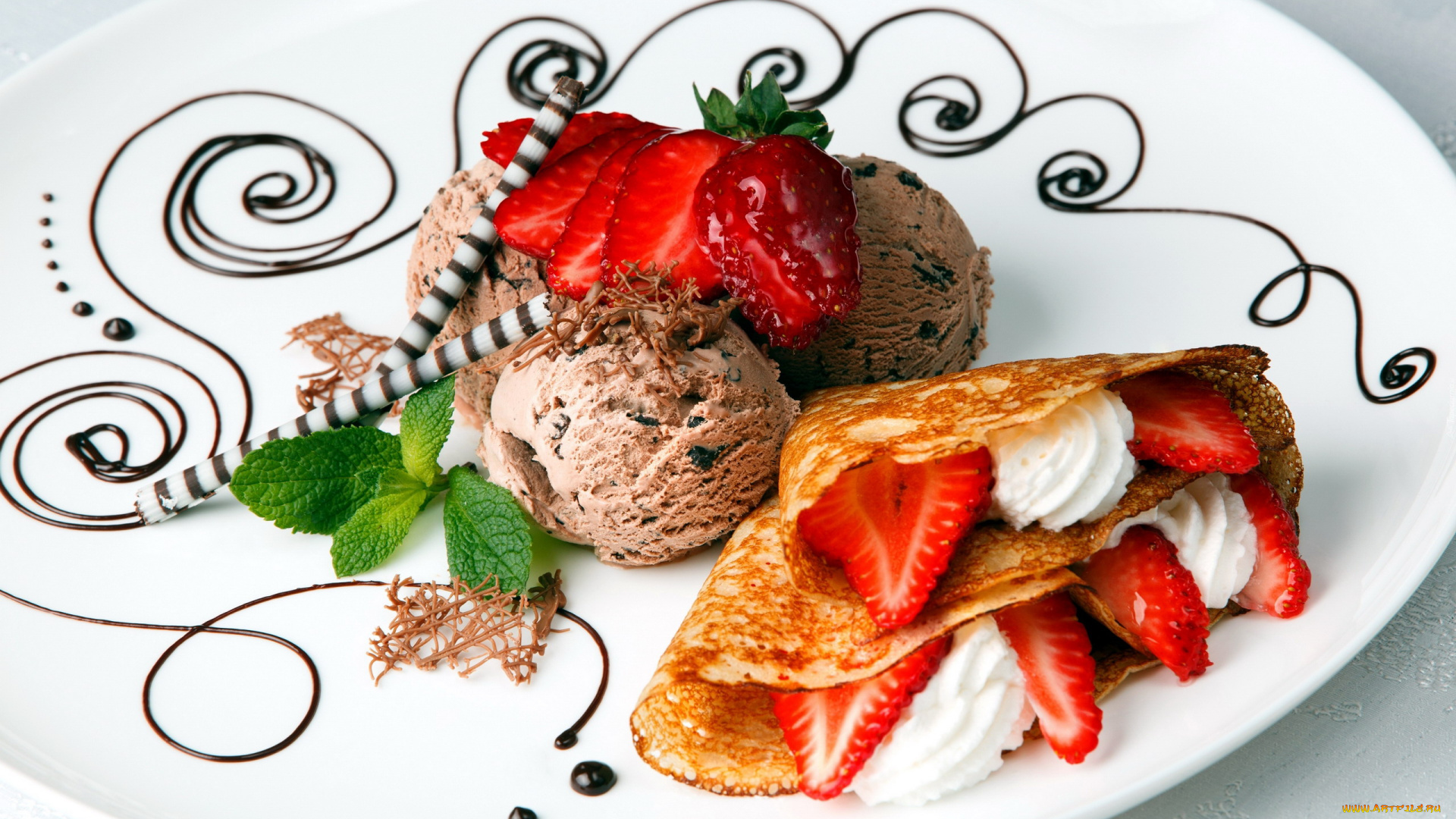 еда, блины, , оладьи, клубника, блинчик, десерт, мороженое