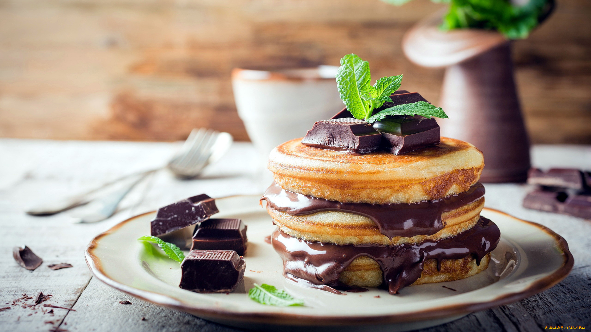 еда, блины, , оладьи, мята, шоколад, оладьи