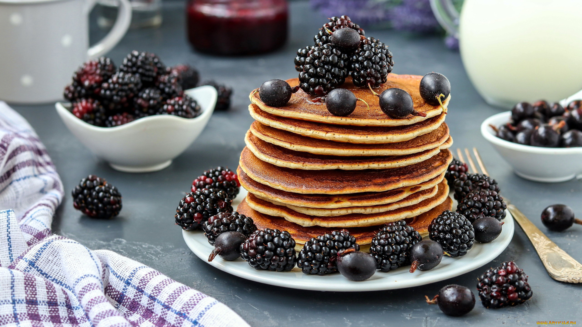 еда, блины, , оладьи, смородина, ежевика, панкейки
