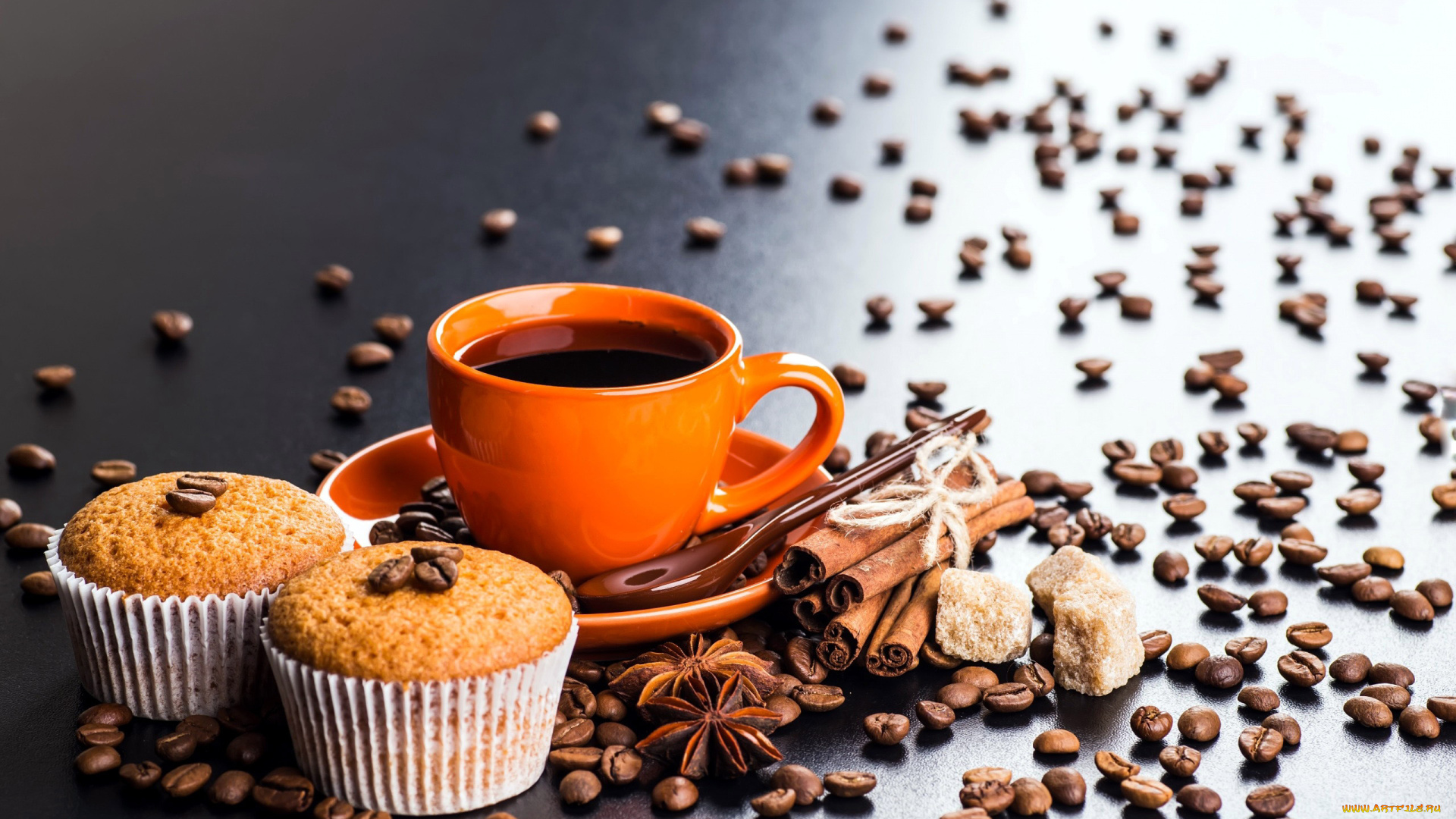еда, кофе, , кофейные, зёрна, кексы, зерна, корица, сахар