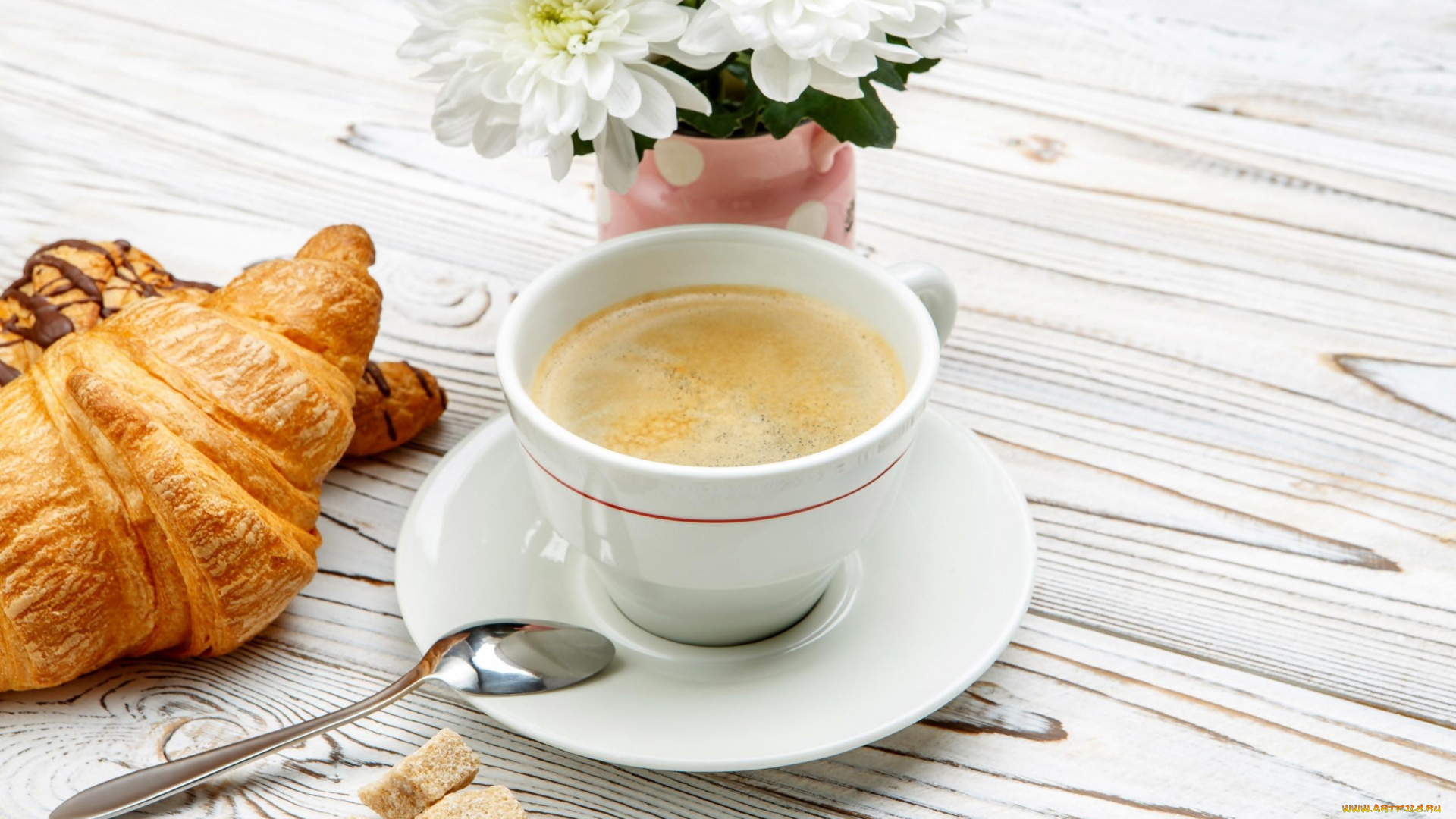 еда, кофе, , кофейные, зёрна, круассаны, сахар, хризантемы