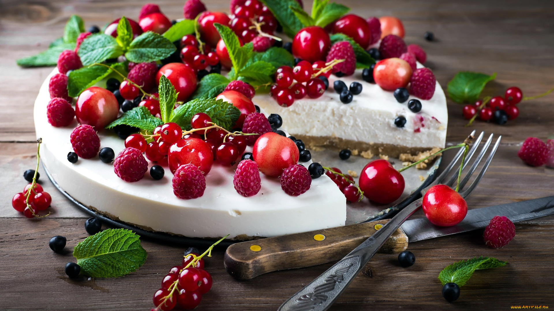 еда, торты, вишни, торт, мята, малина