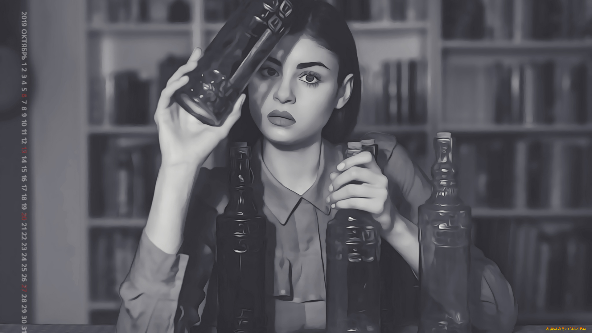календари, компьютерный, дизайн, 2019, девушка, бутылка, книга, стеллаж, женщина, взгляд, calendar