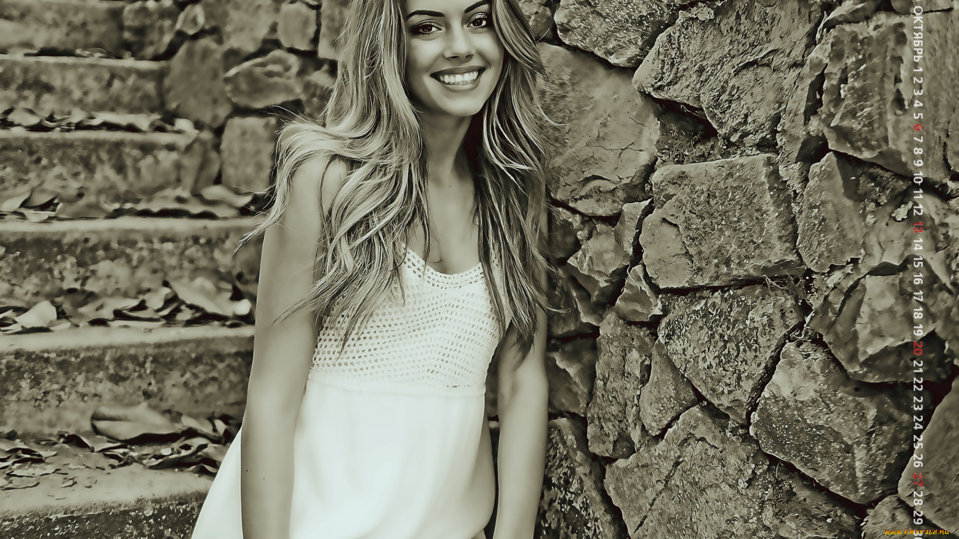 календари, компьютерный, дизайн, женщина, calendar, 2019, взгляд, улыбка, девушка, ступени, камень, стена