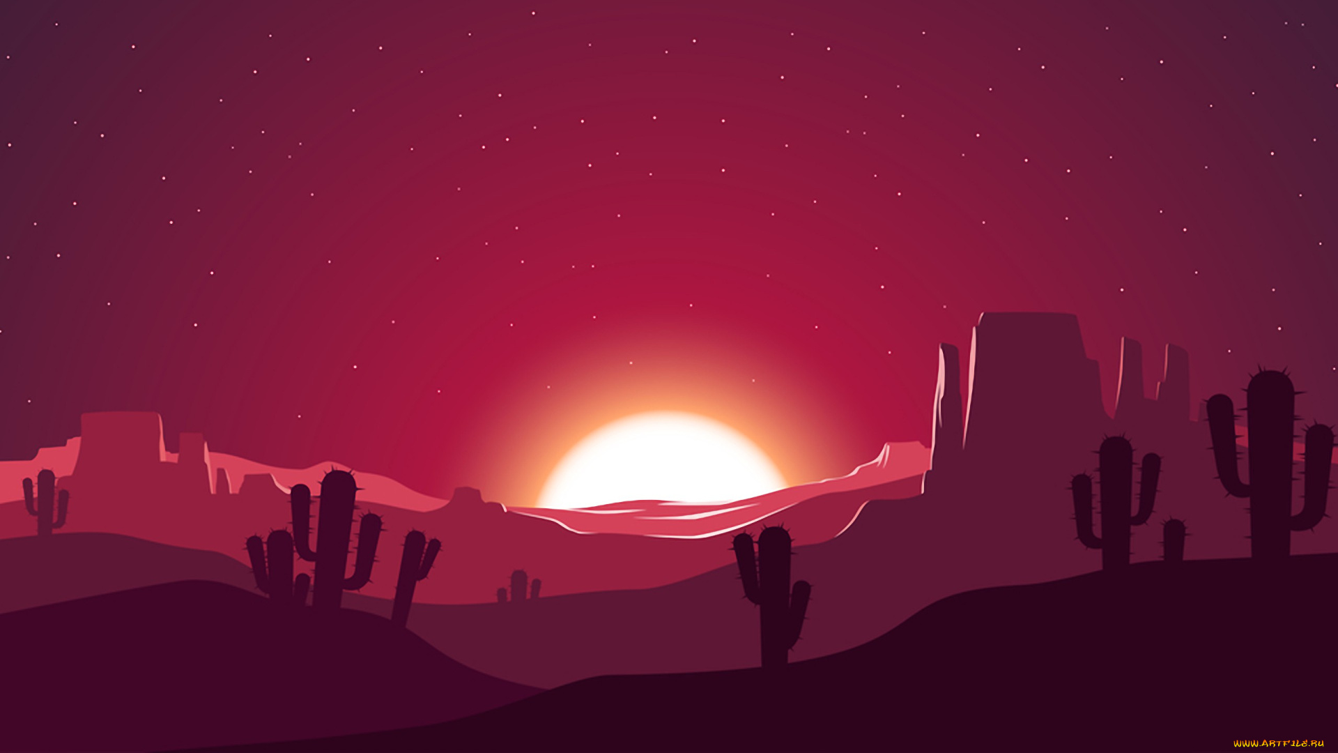 векторная, графика, природа, , nature, векторная, графика, произведение, искусства, векторное, искусство, skyscape, небо, пейзаж, песок, горы, скалы, пустыня, кактус, вечер, силуэт, сумрак, sunsunset, природа