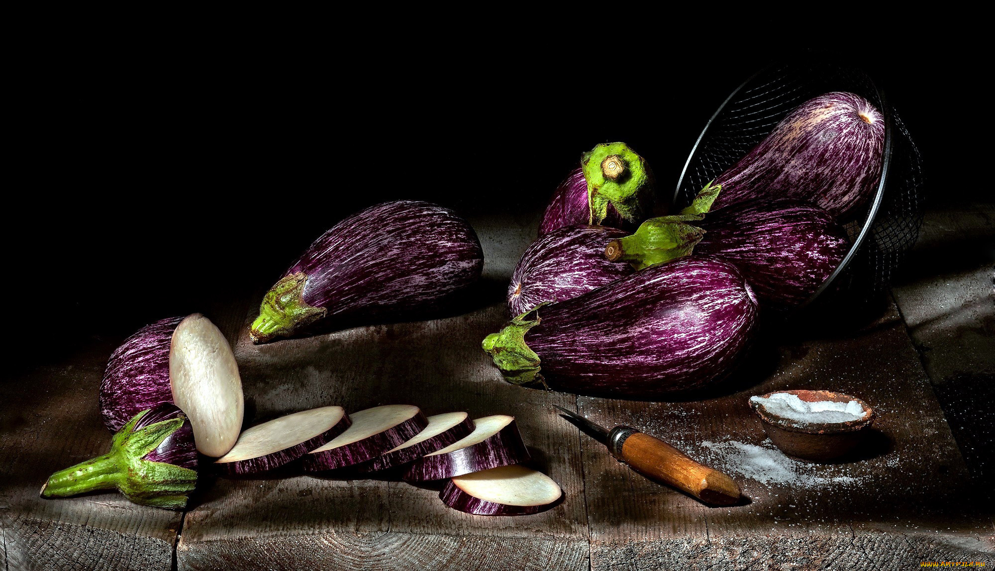 еда, баклажаны, нож, соль, овощи