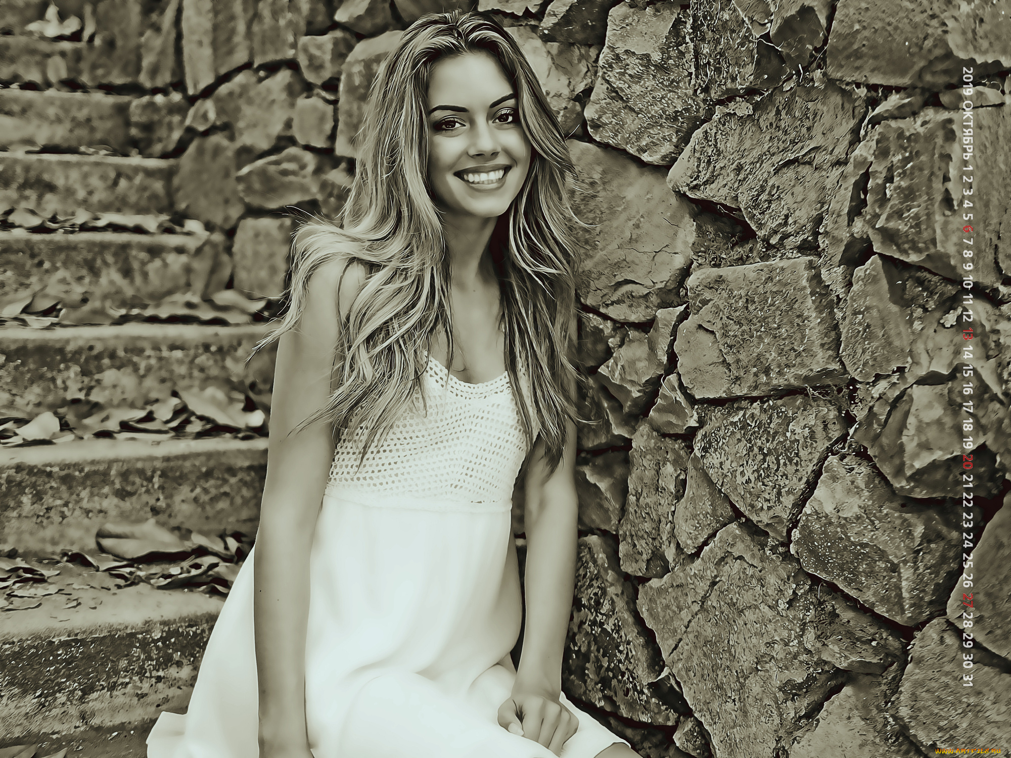 календари, компьютерный, дизайн, женщина, calendar, 2019, взгляд, улыбка, девушка, ступени, камень, стена