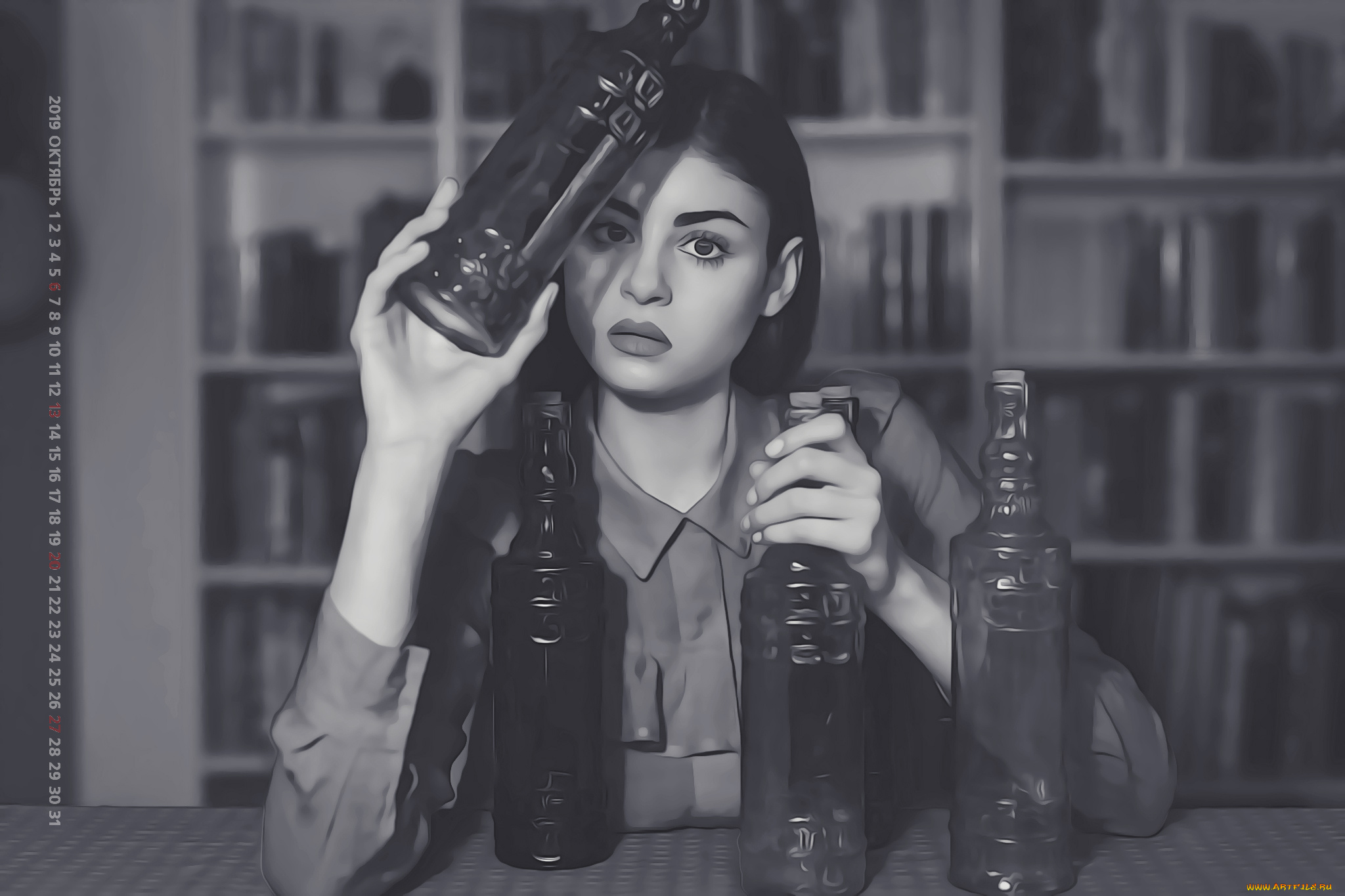 календари, компьютерный, дизайн, 2019, девушка, бутылка, книга, стеллаж, женщина, взгляд, calendar