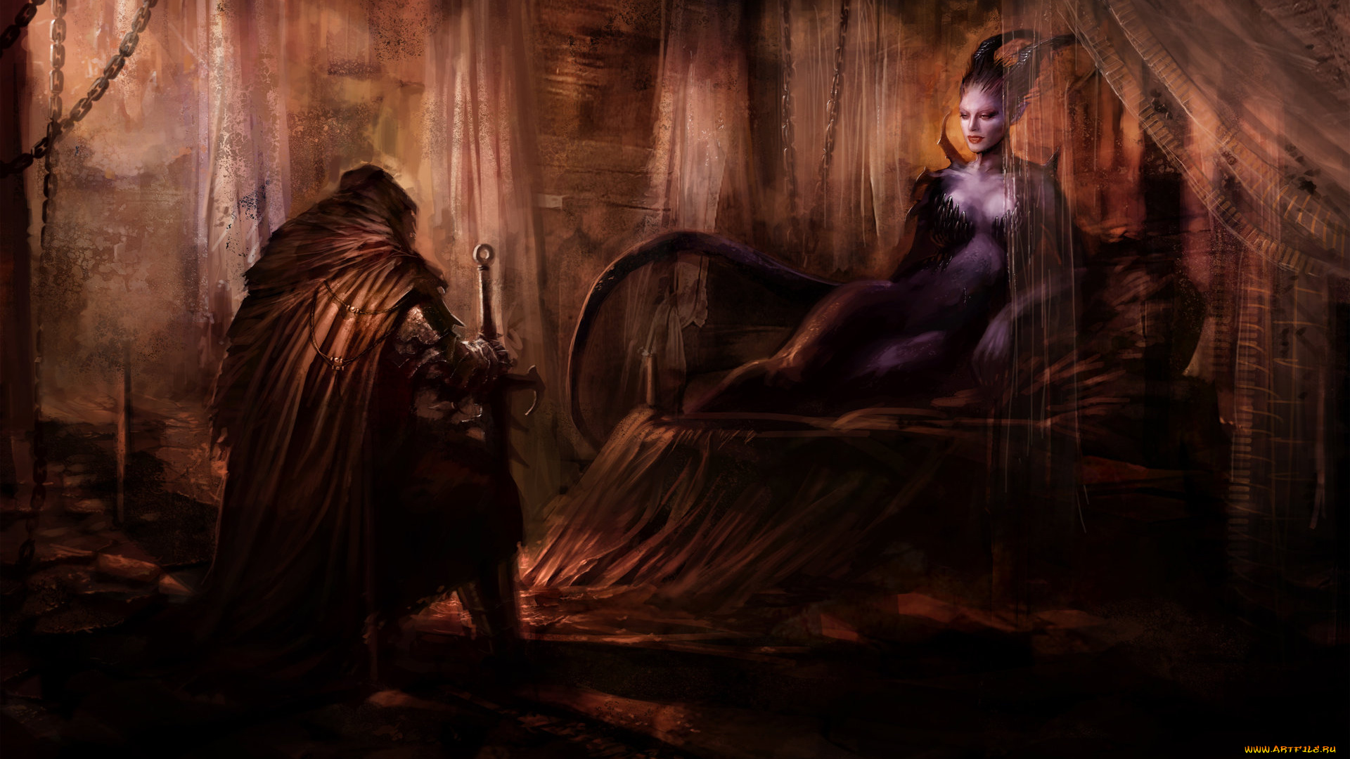 фэнтези, демоны, воин, демонесса, трон