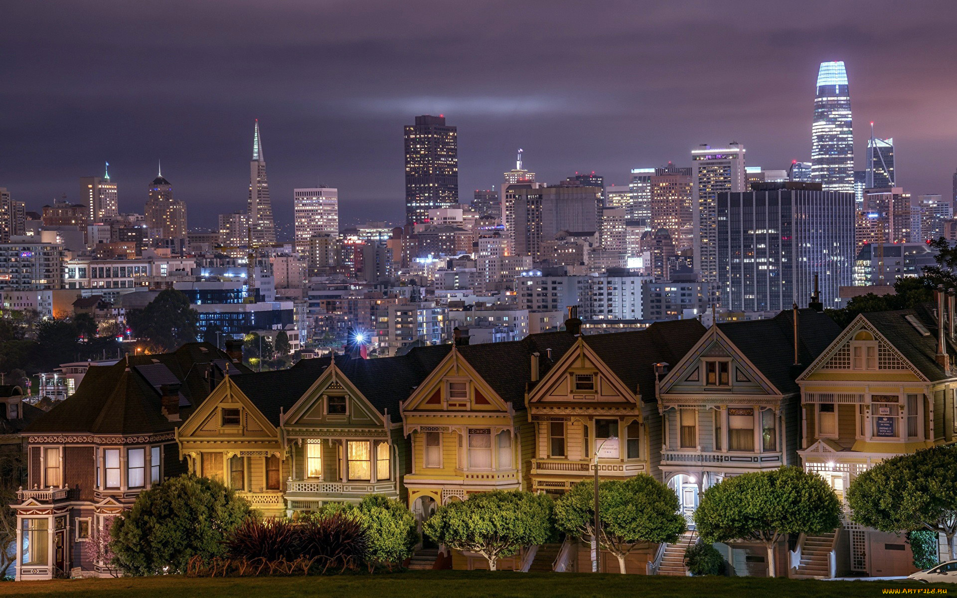 города, сан-франциско, , сша, дома, небоскребы, вечер, огни