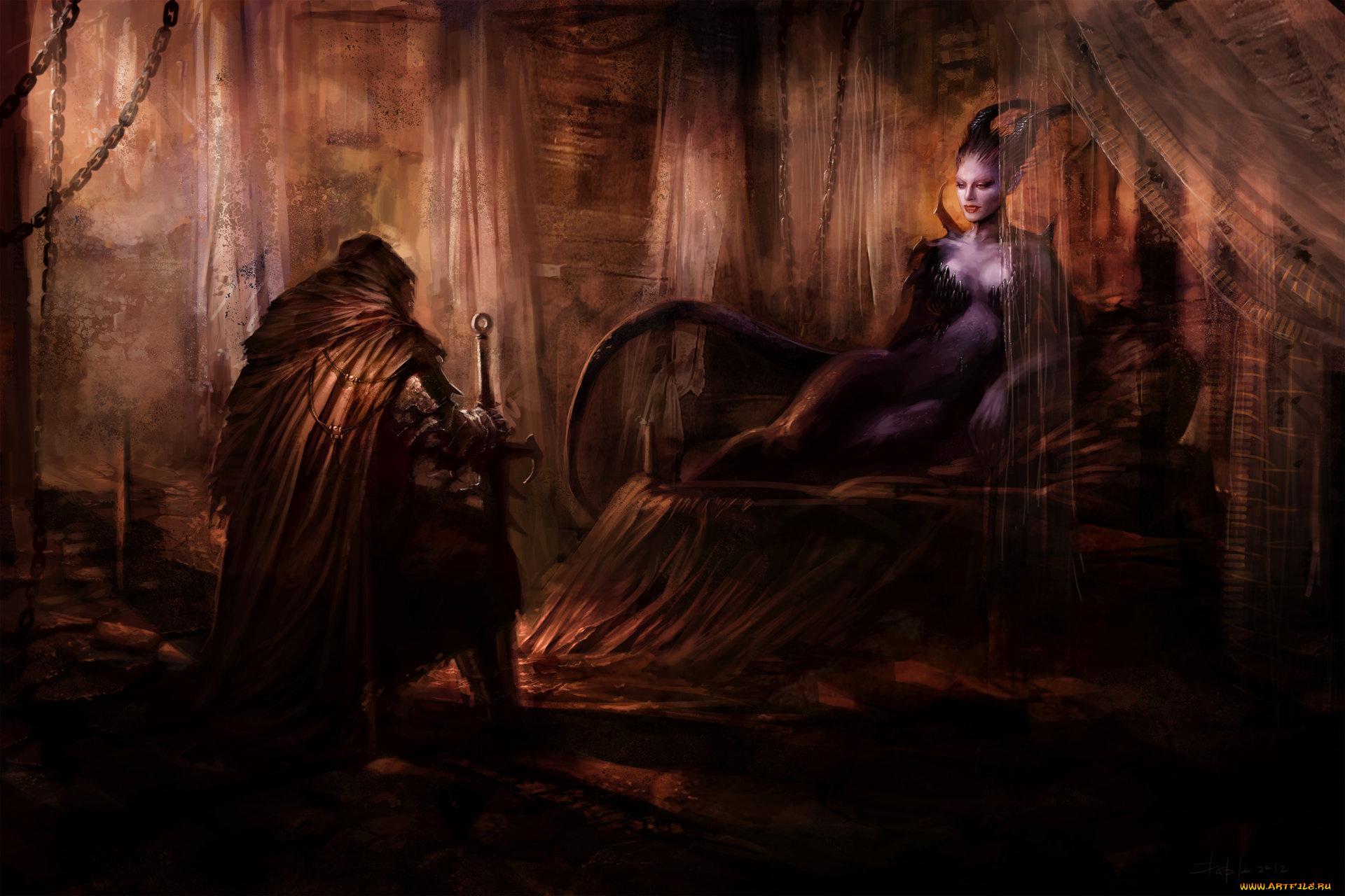 фэнтези, демоны, воин, демонесса, трон