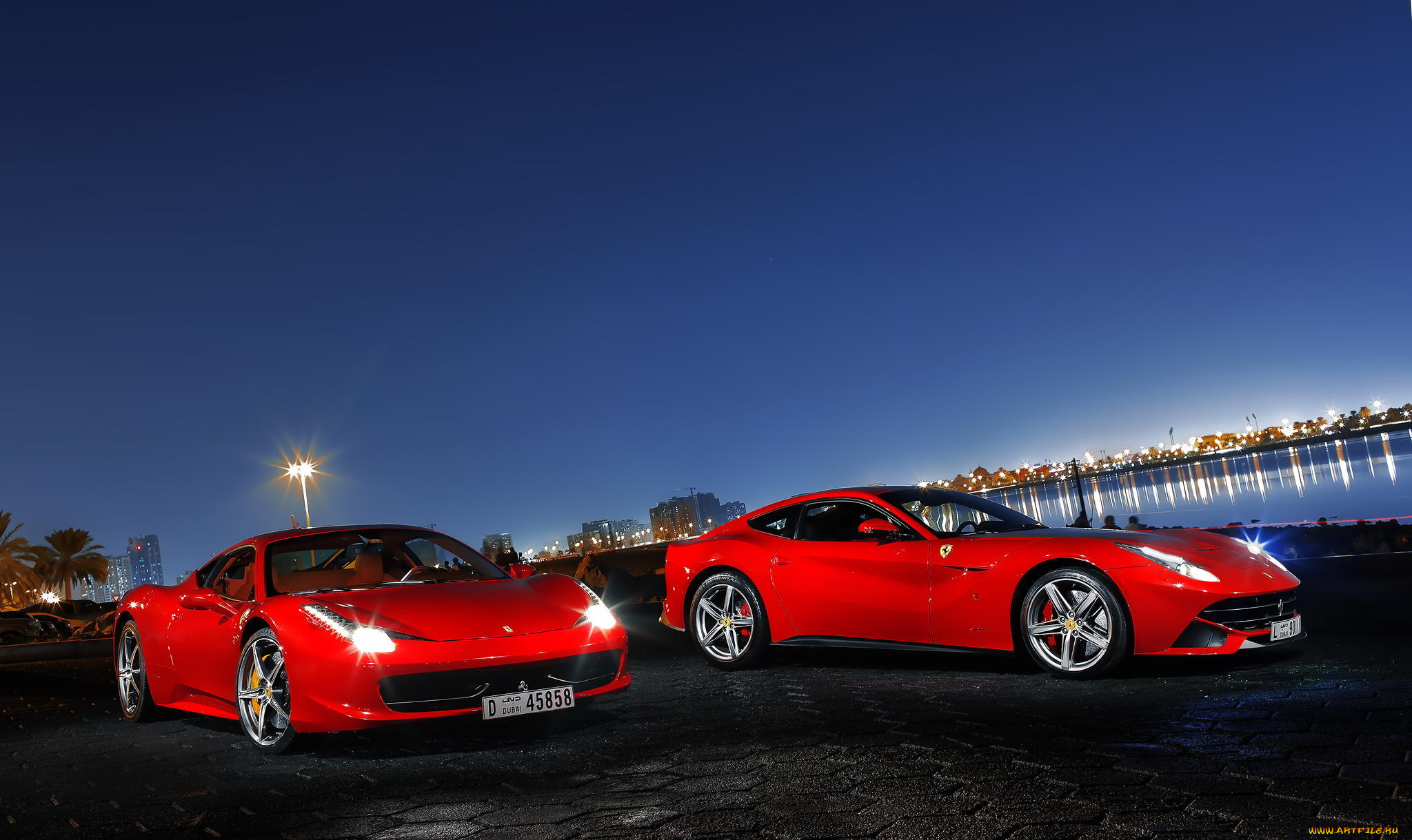 автомобили, ferrari, феррари, красные, площадка, река, город