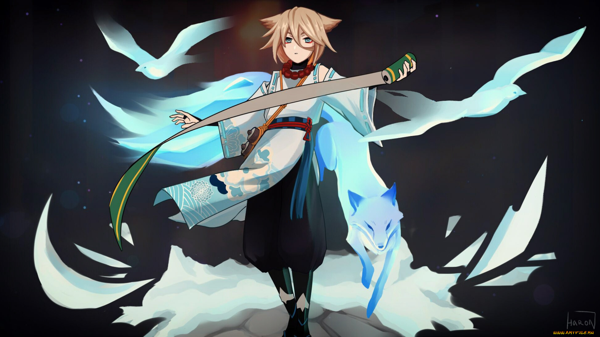 аниме, genshin, impact, парень, свиток, птица, лиса