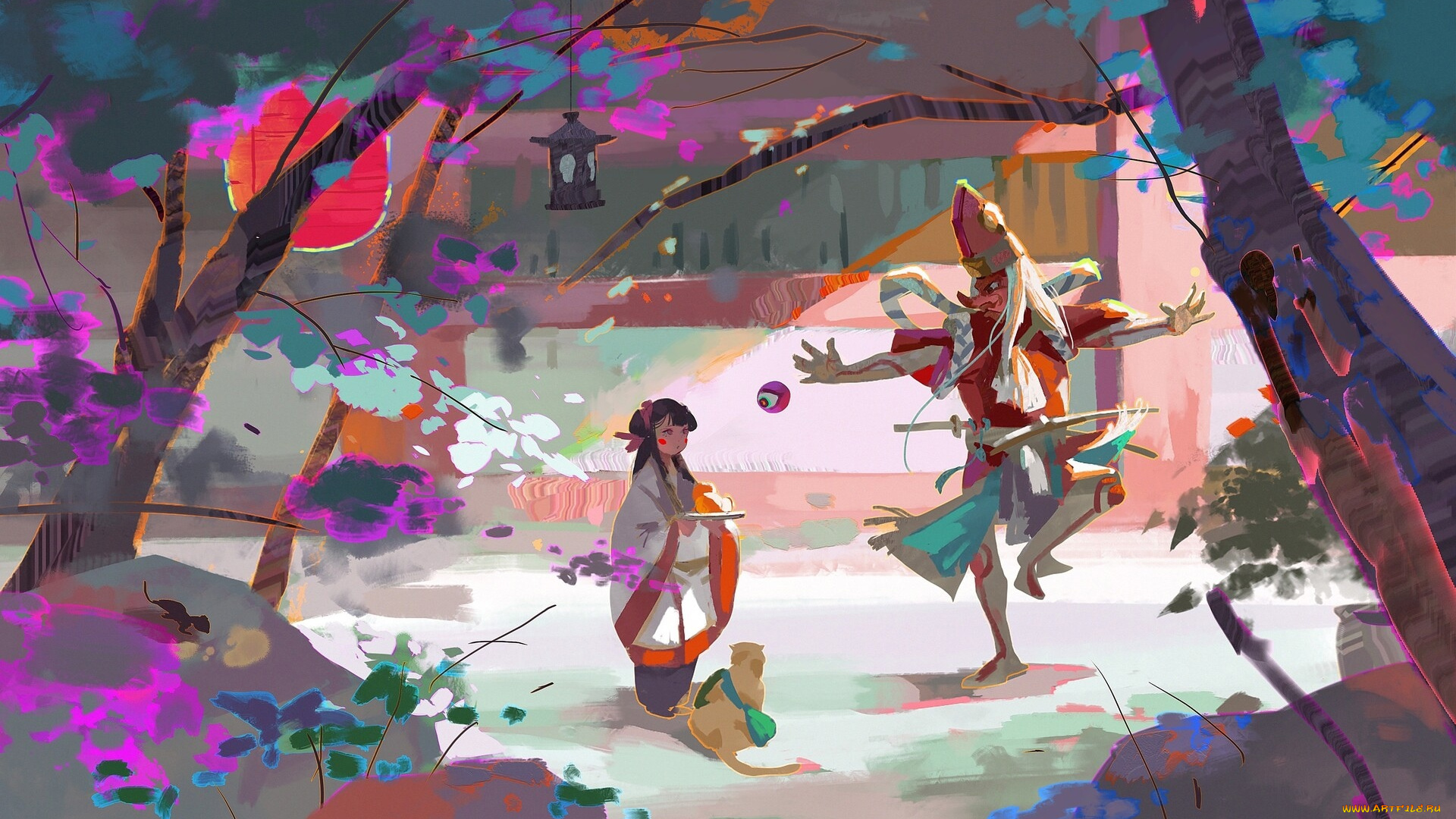 аниме, животные, , существа, старик, девочка, сад