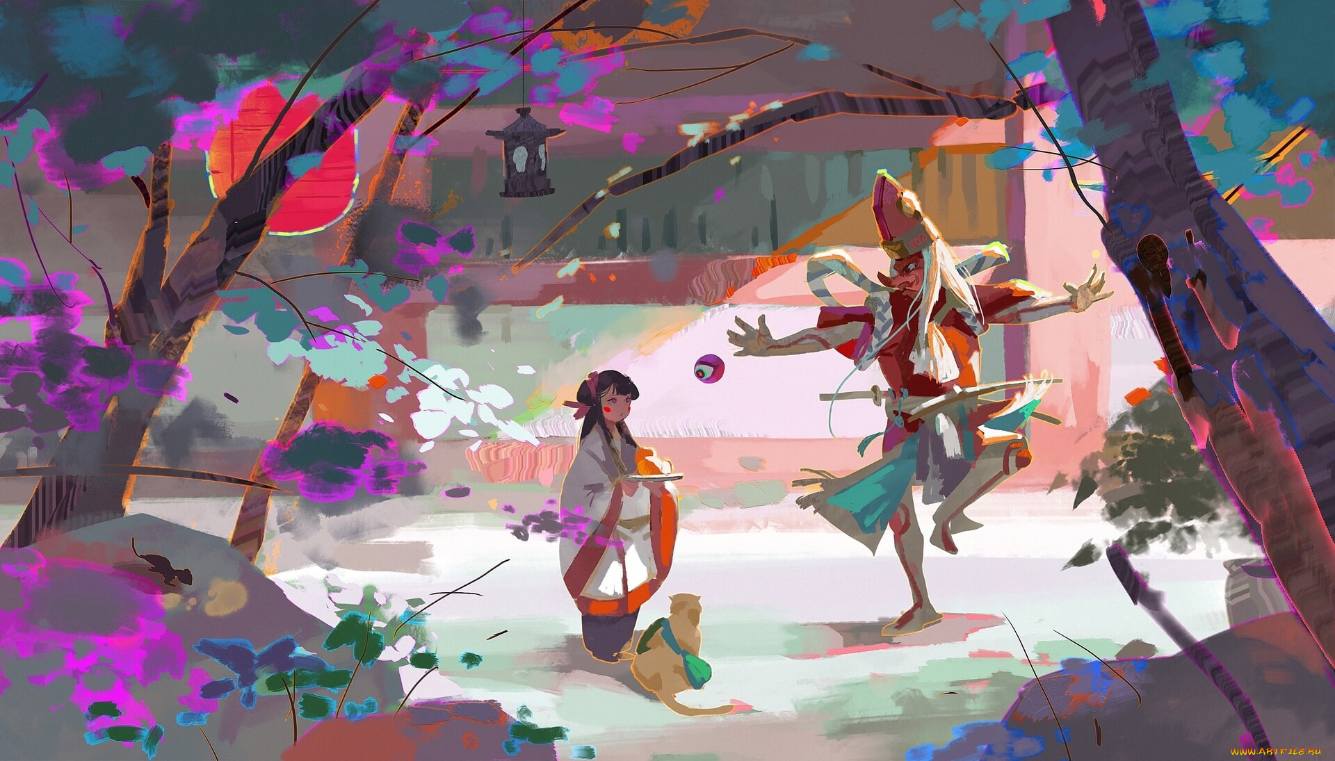 аниме, животные, , существа, старик, девочка, сад