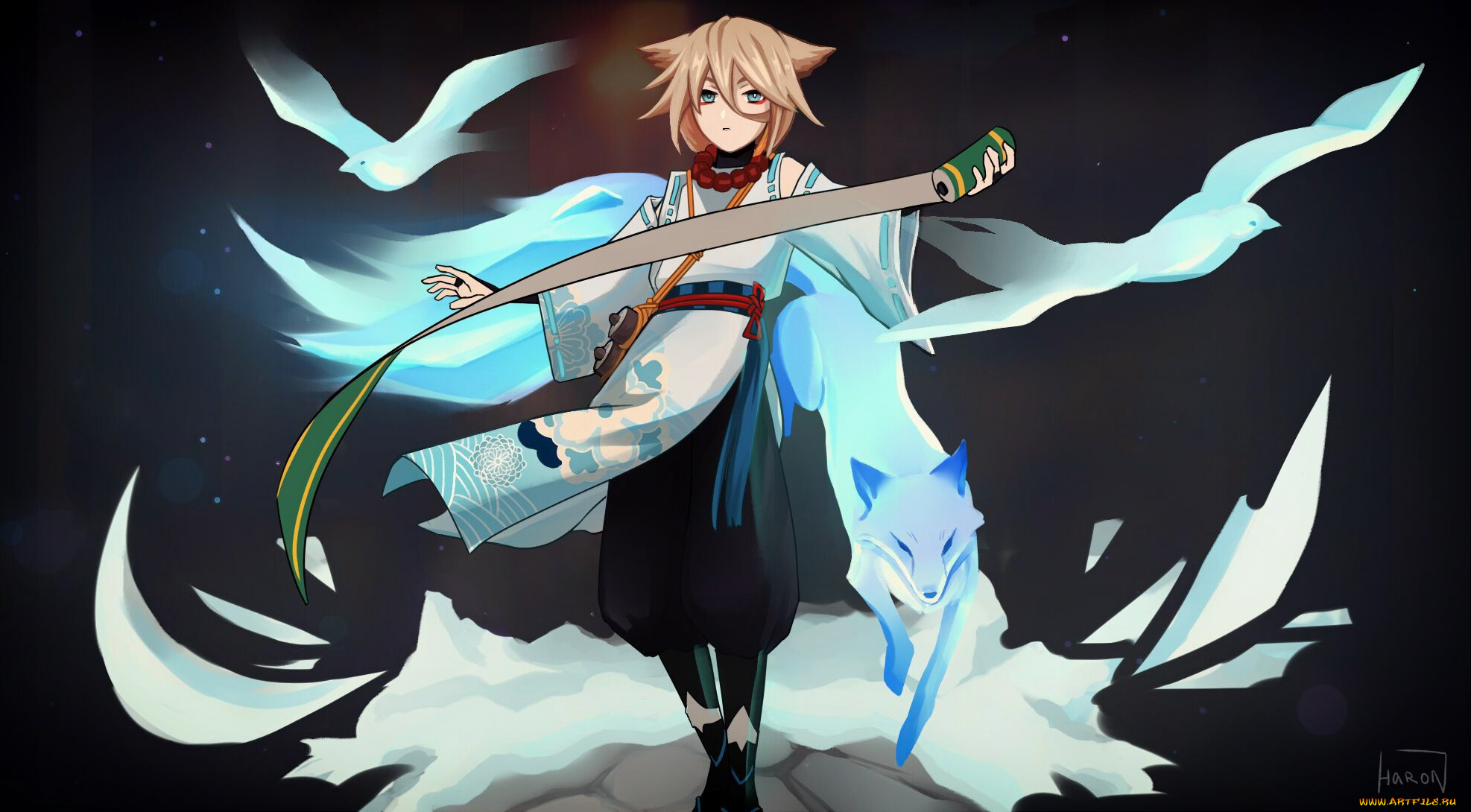 аниме, genshin, impact, парень, свиток, птица, лиса