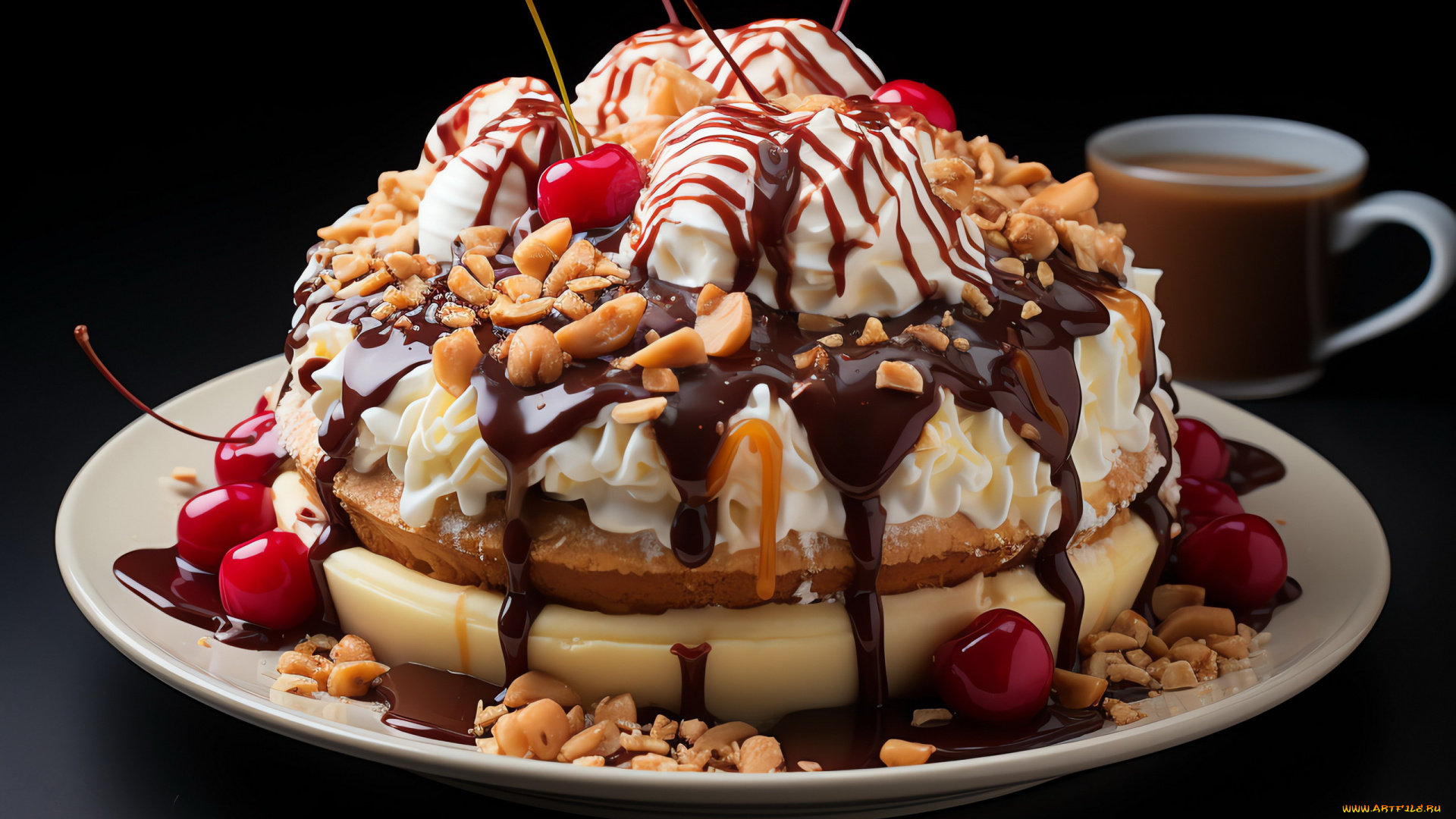 еда, мороженое, , десерты, вишни, сироп, орехи