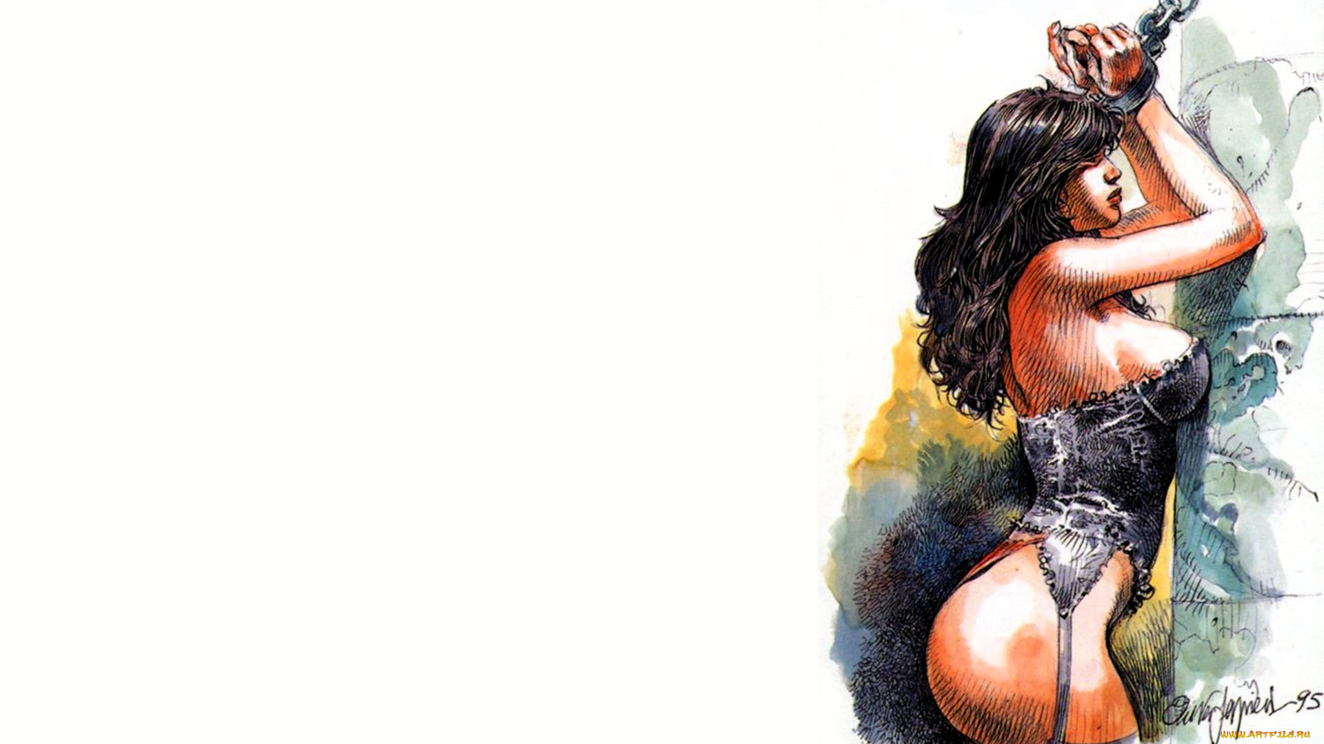 рисованное, люди, женщина, белье, цепи