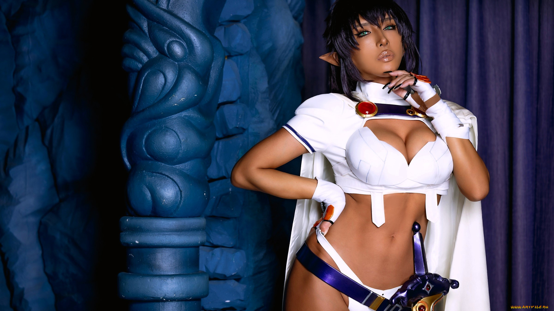 девушки, nonsummerjack, образ, костюм, косплей, меч, шторы, колонна