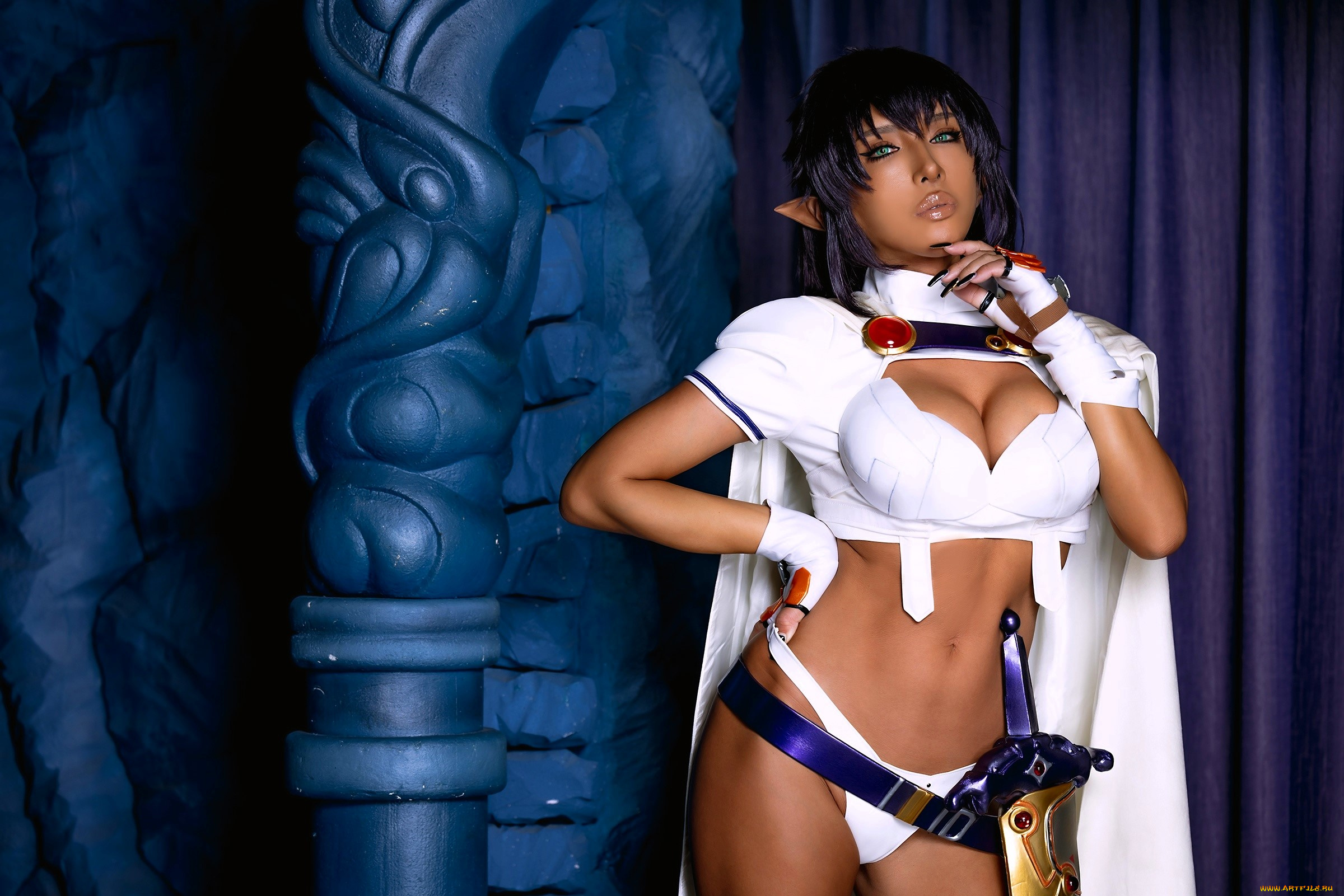 девушки, nonsummerjack, образ, костюм, косплей, меч, шторы, колонна