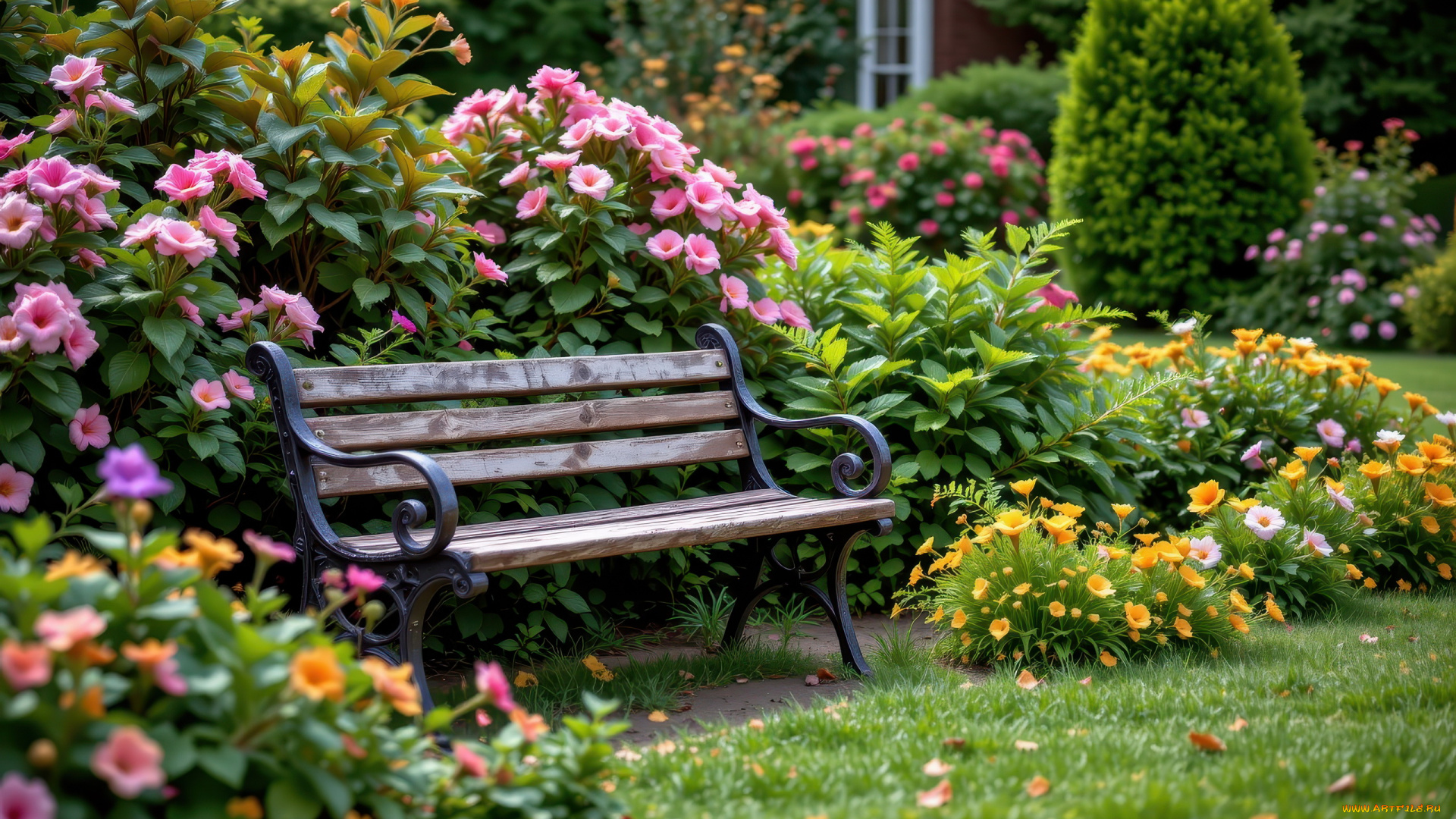автор, wp, stl, 3д, графика, природа, , nature, парк, цветы, скамейка