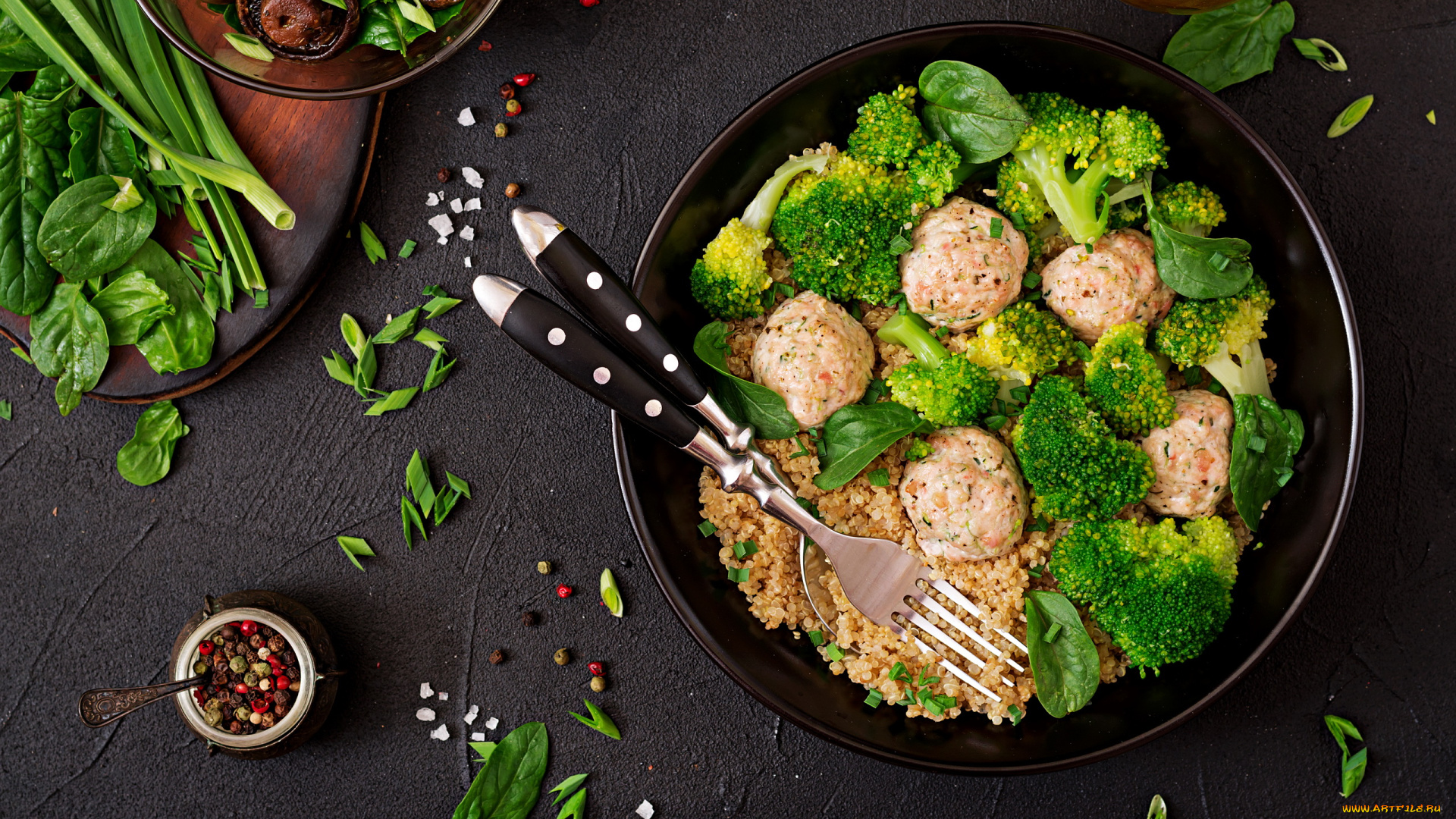 еда, мясные, блюда, зелень, каша, брокколи, тефтели