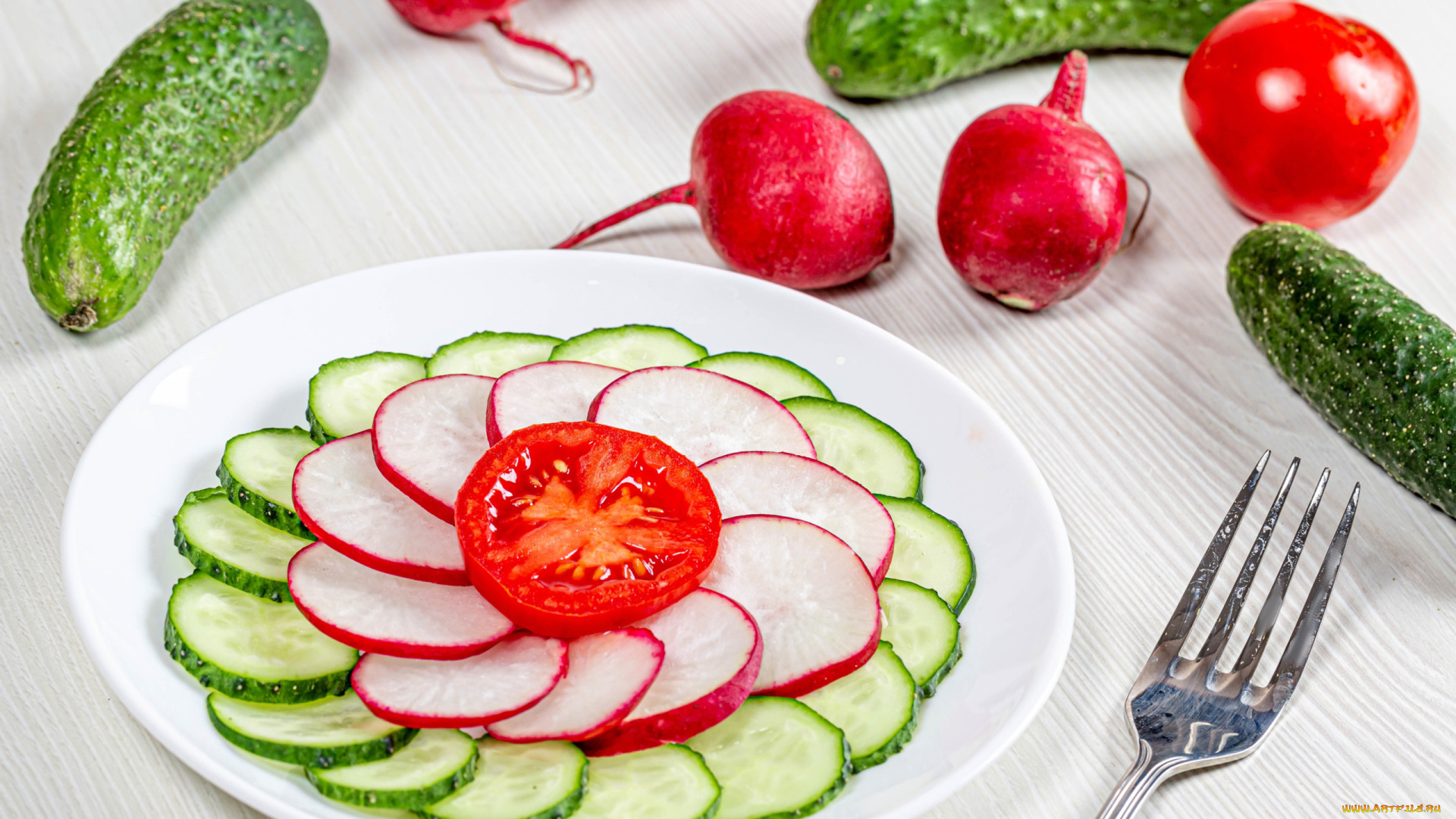 еда, салаты, , закуски, редис, салат, огурец, помидор