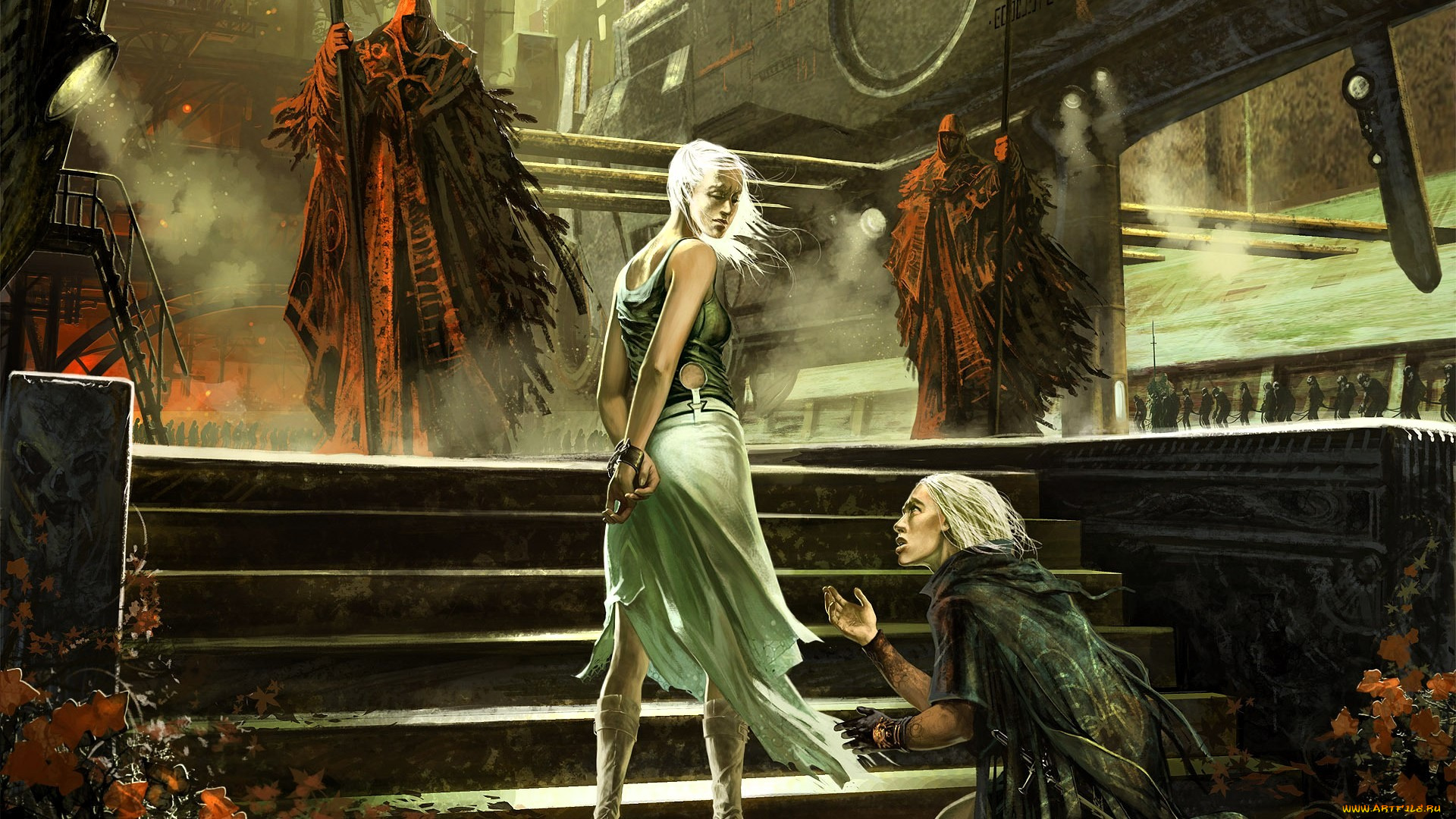 фэнтези, люди, девушка, парень, стражники, лестница