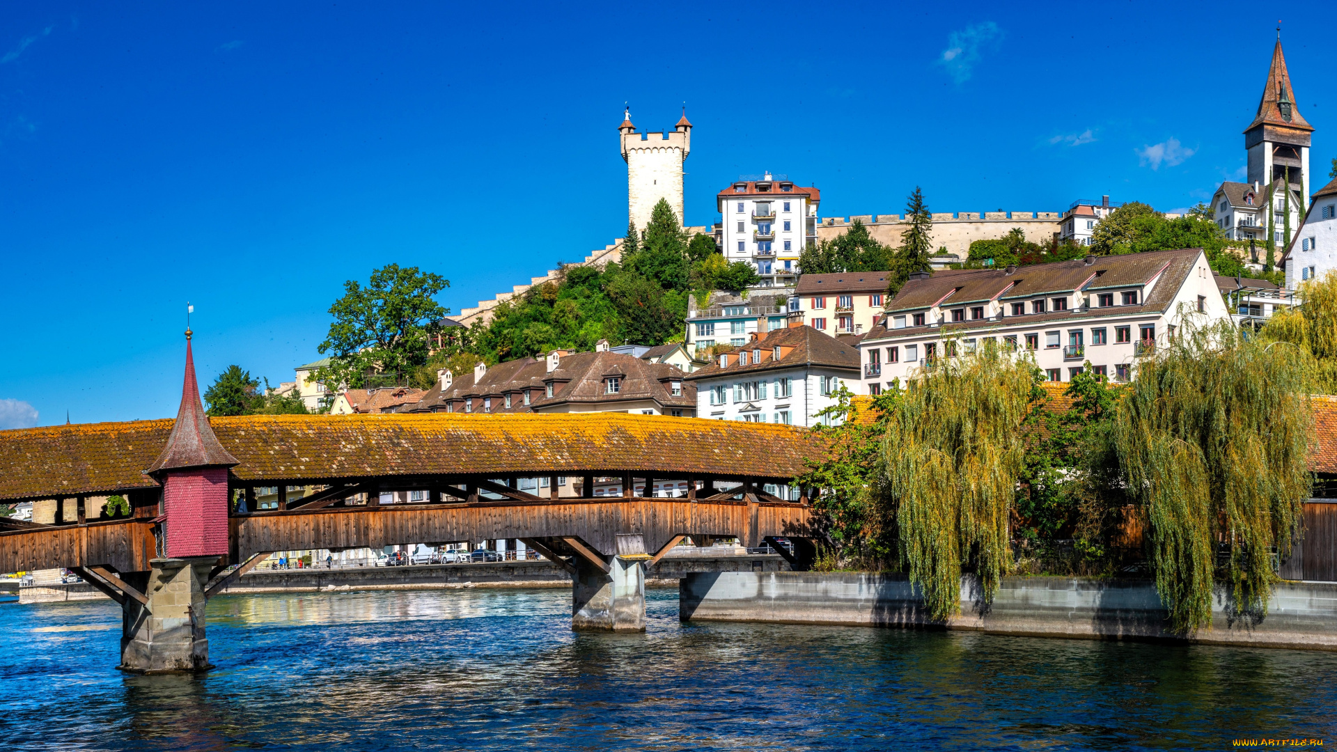 люцерн, , швейцария, города, люцерн, , швейцария, мост, река, деревья, дома, здания, крепость